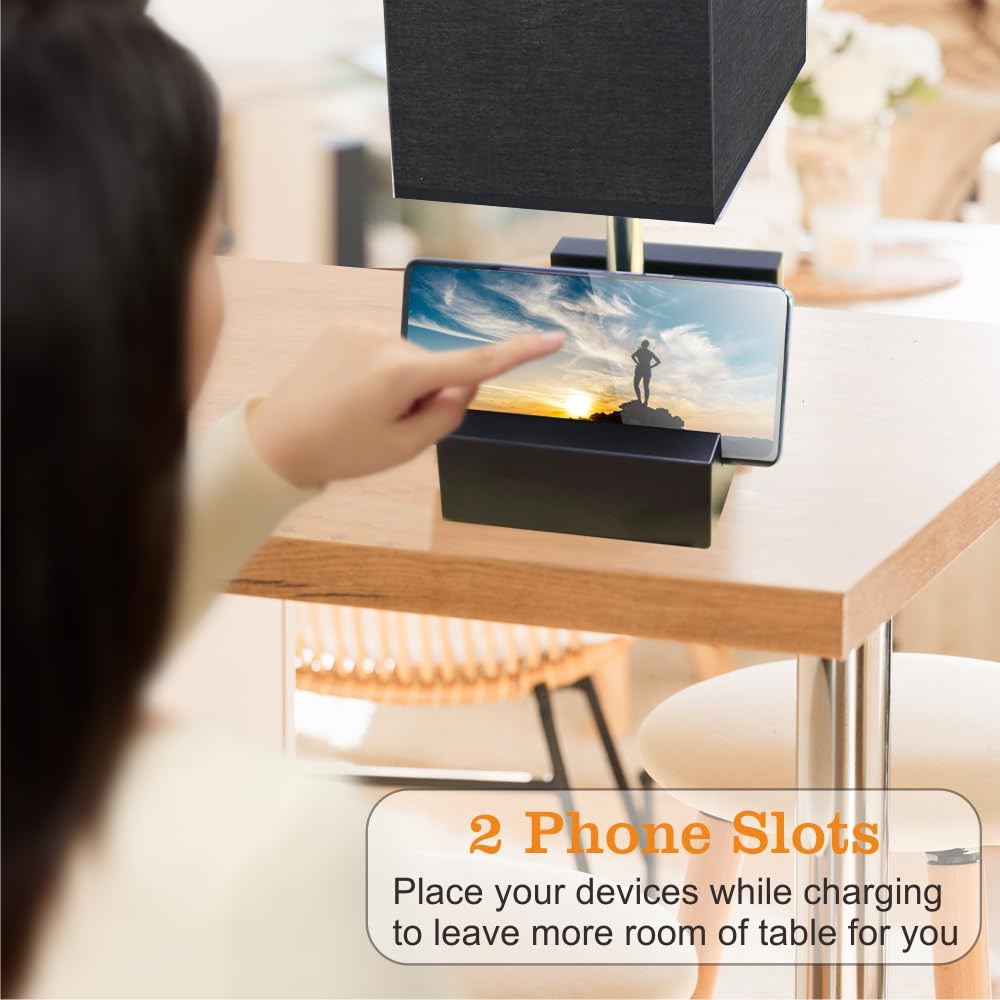 Lifeholder Fully Dimmable Nightstand Lamp For Bedroom With Ac Outlet, Table Lamp With Two Phone Stands, Bedside Lamps, Desk Lamp
