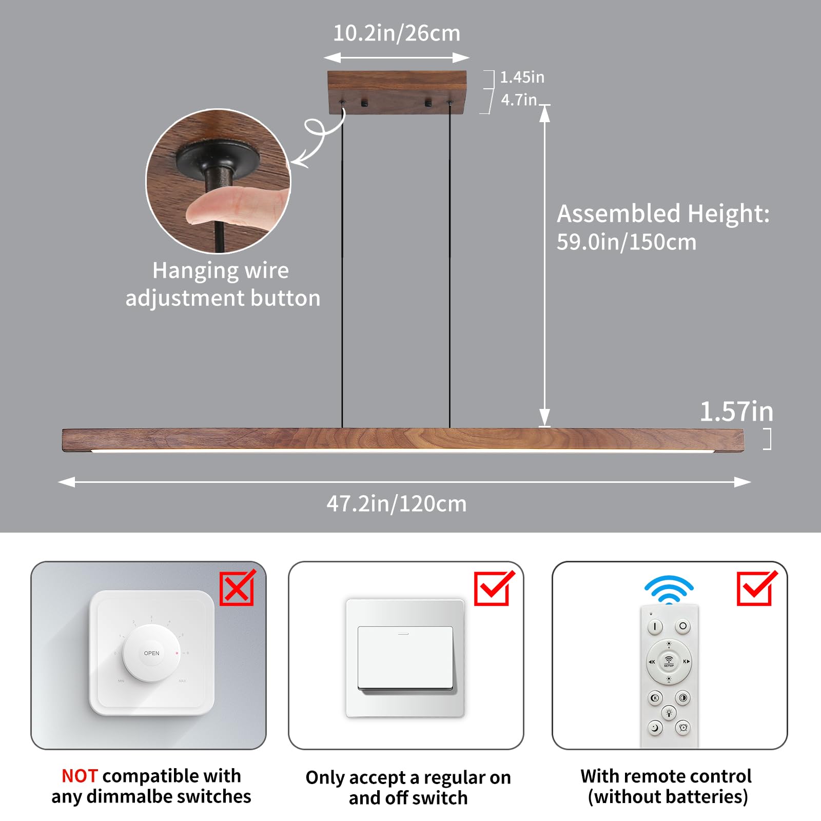 Modern Wooden Pendant Light  47In Walnut Wooden Chandelier With Remote Control 3000K-6500K Adjustable Color Temperature Aluminum Island Lighting Lamp For Dining Room  Living Room B