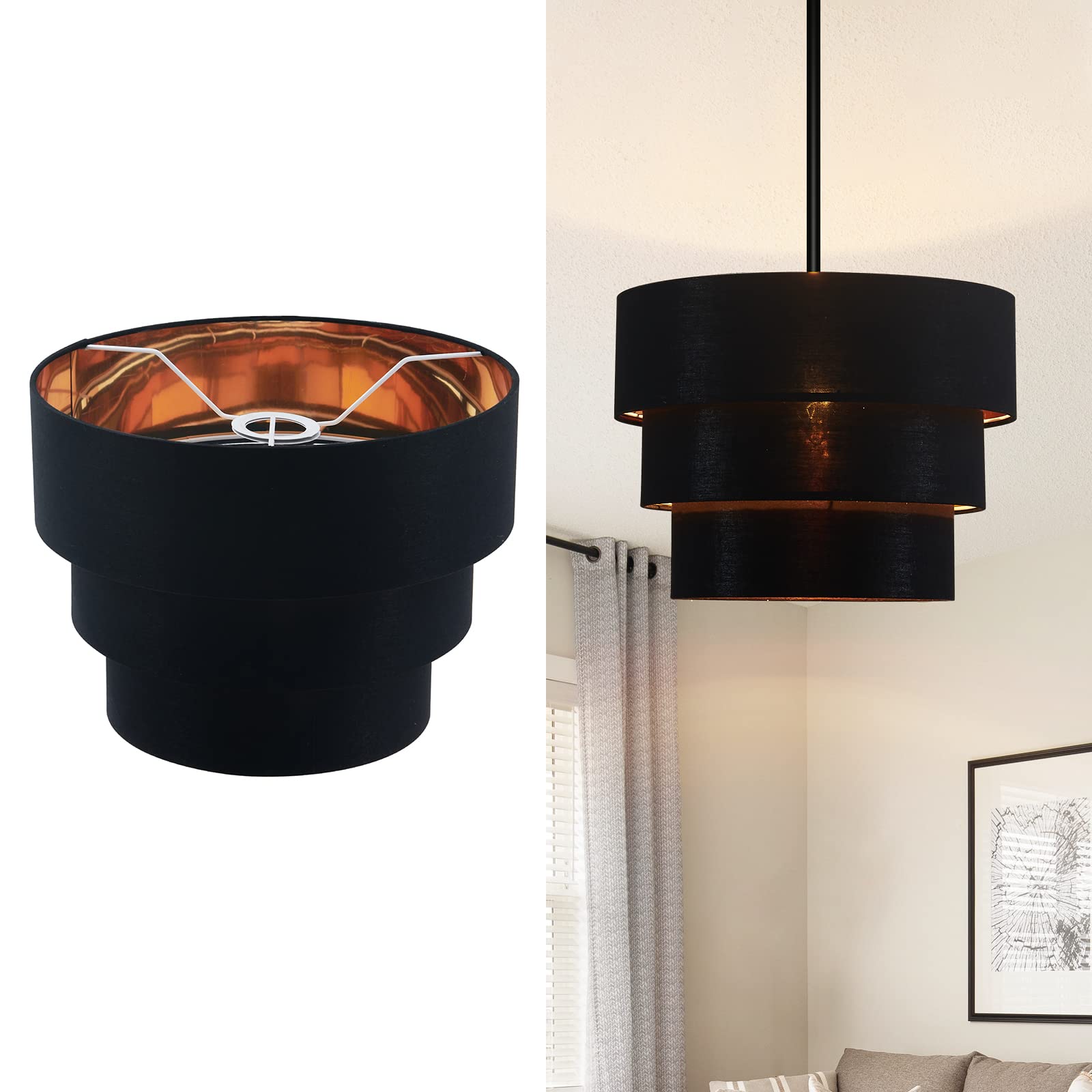 EDISLIVE 3-Tier Drum Linen Lamp Shade for Pendant/Floor Lamp, Black, Model EDIS448458598