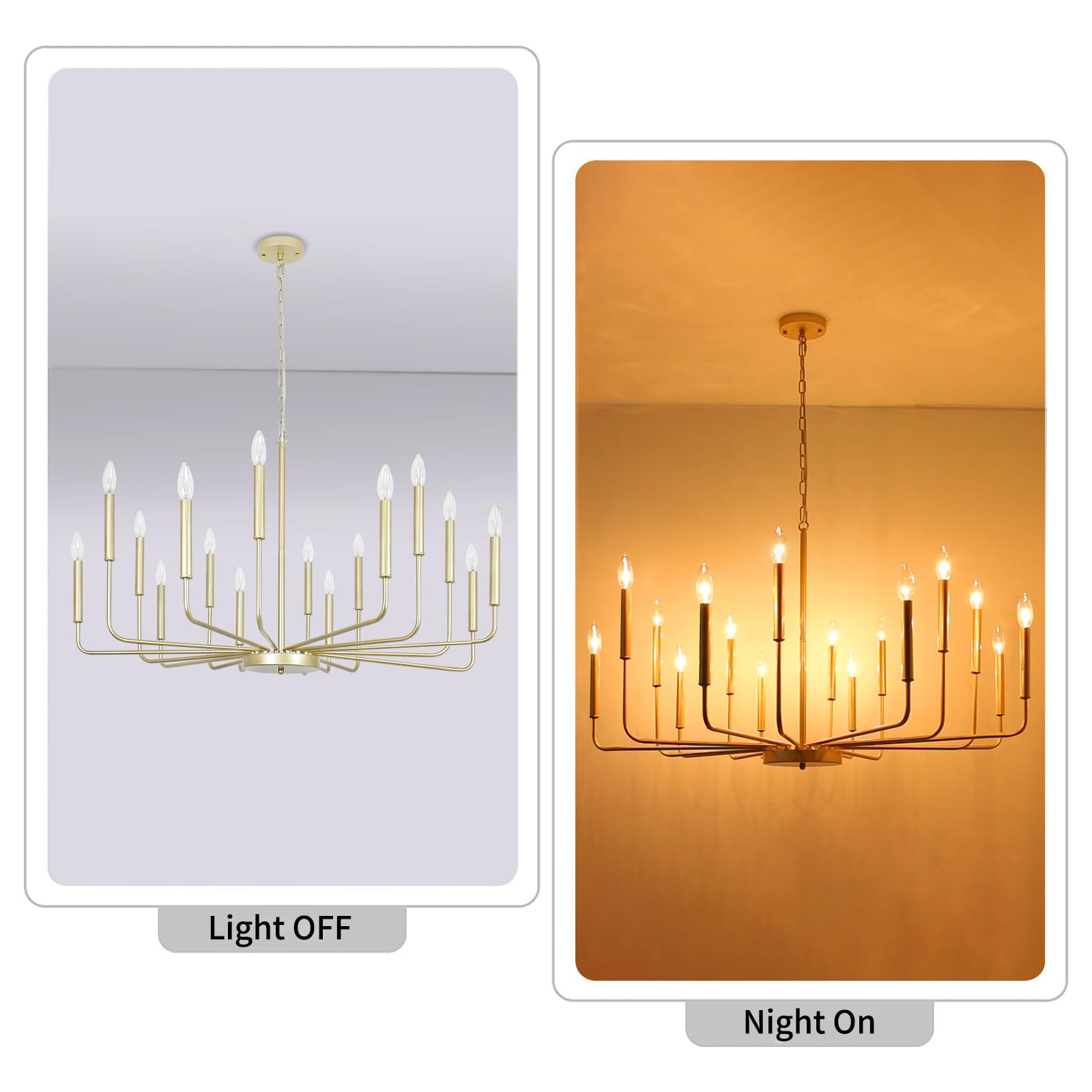Rviezza 16-Light Gold Metal Candle Chandelier for Dining Room, Rustic Industrial Design, 39" Size, Ideal for Living Room, Kitchen, Entryway