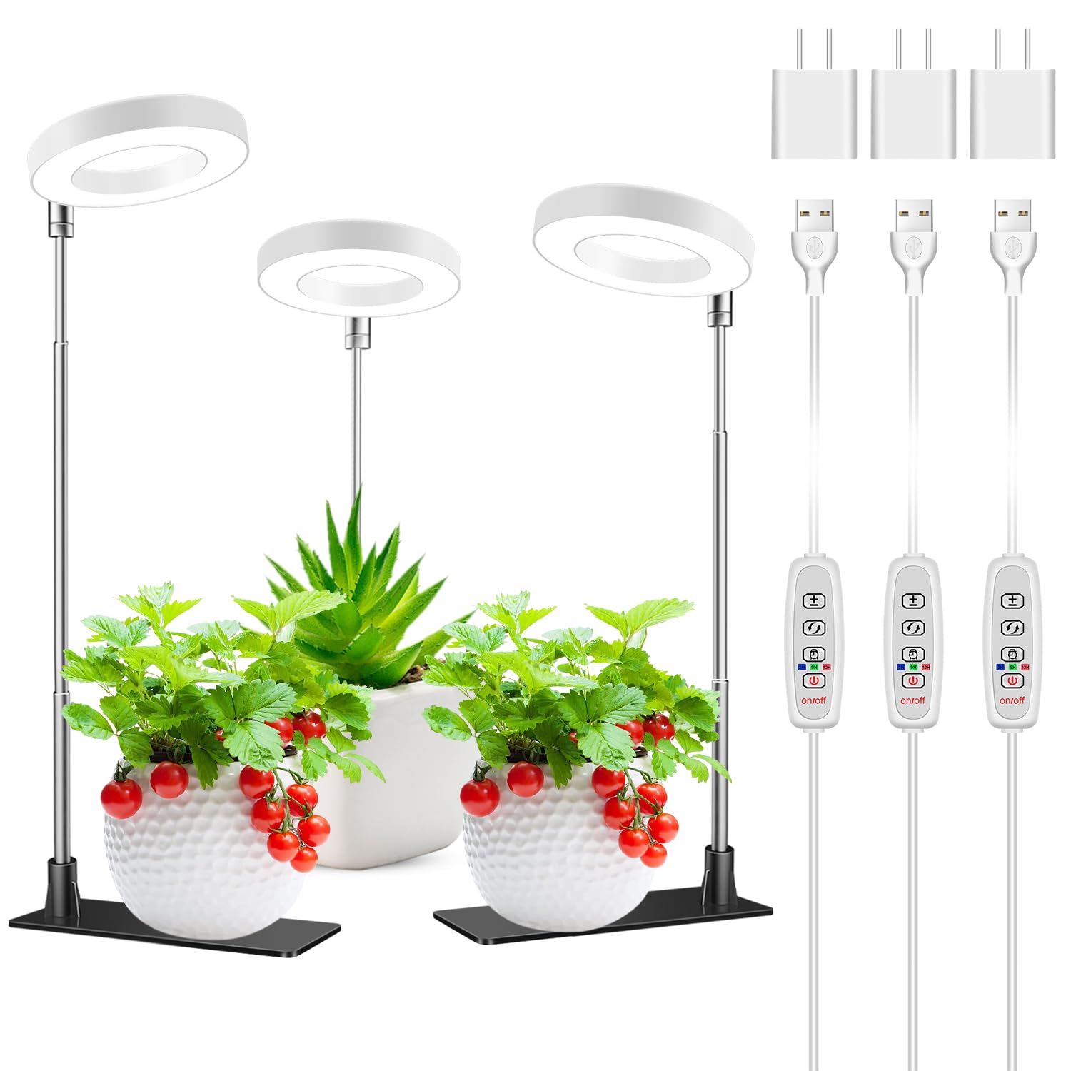 Kullsinss Grow Lights For Indoor Plants, 48 Leds Full Spectrum Halo Plant Light For Indoor Plants, Height Adjustable Growing Lamp With Detachable Base, 3 9 12Hrs Timer, 10 Brightness, 3 Pack