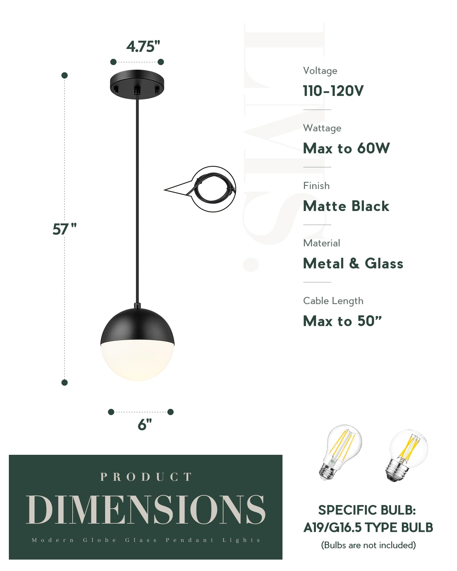 Lms 6-Inch Mid Century Pendant Light, Matte Black Pendant Light Fixtures With White Globe Glass, Adjustable Hanging Ceiling Ligh