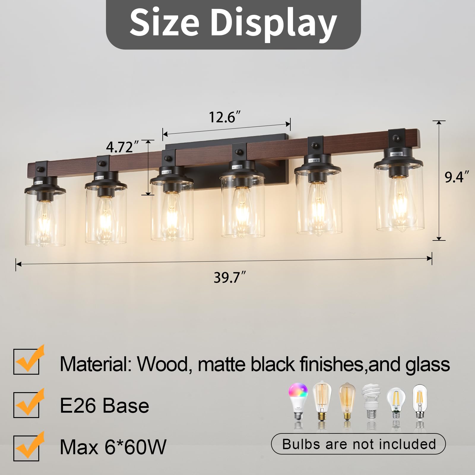 Aixialin 6-Light Farmhouse Vanity Light Fixture, Industrial Metal & Wood Sconce, Black & Wooden, Model 600-100-1093