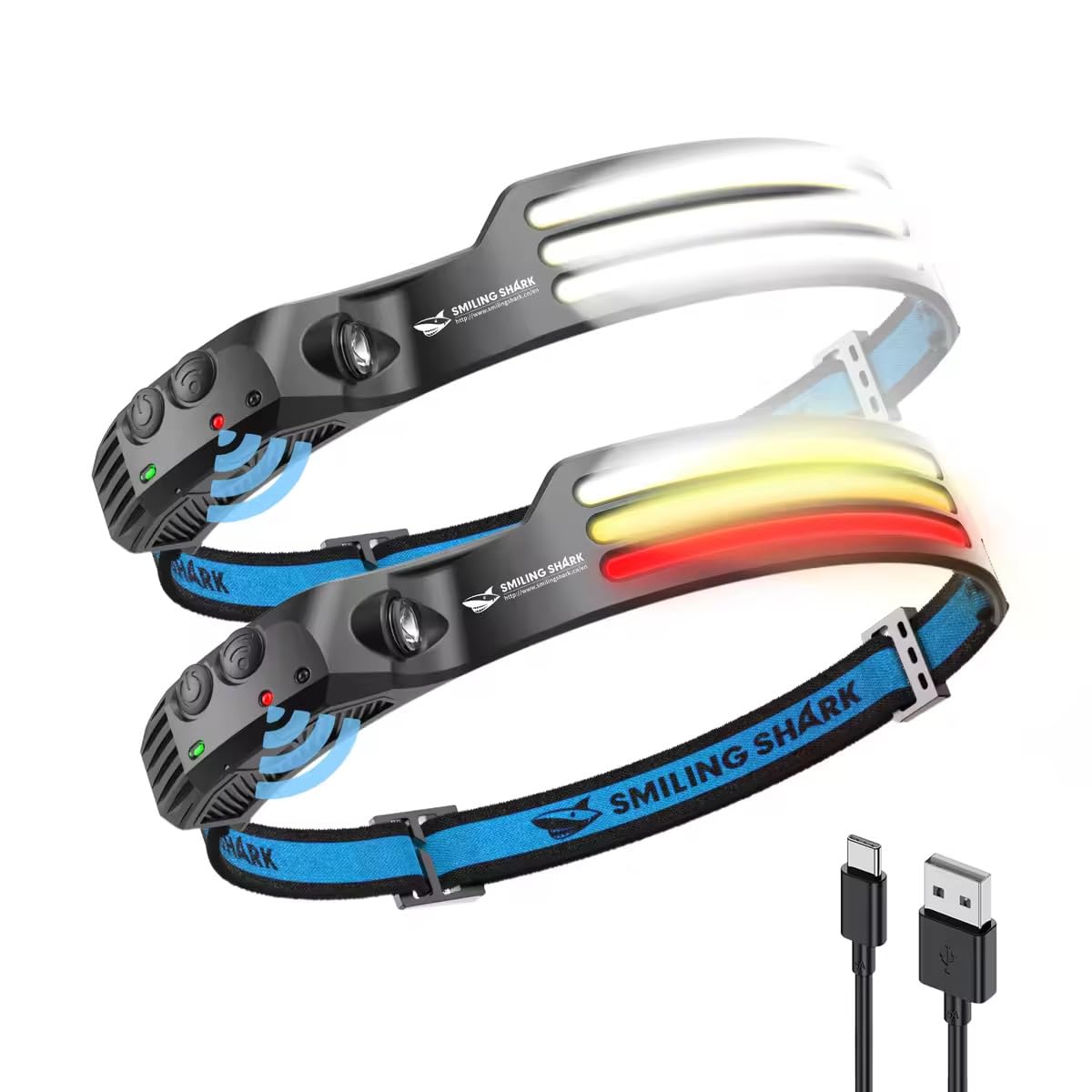 Smiling Shark Led Headlamps, 230Wide Angle 3*Multi-Color Light Strips 2 Packs Head Lamp Rechargeable With Motion Sensor Waterpro