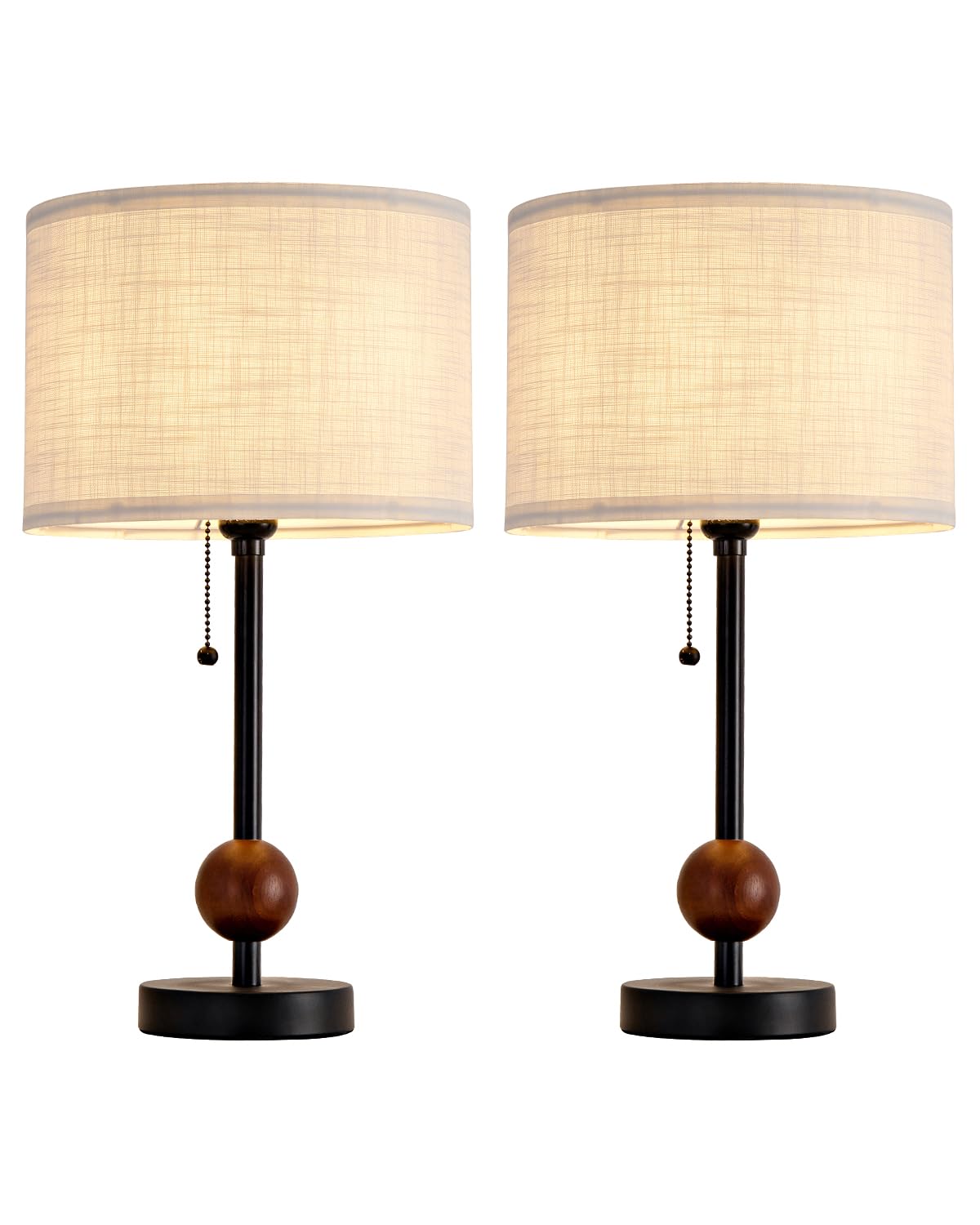 Etonovate Mid Century Table Lamps Set of 2, 17.7 Small Bedside Nightstand Lamps with Linen Shade, Metal Body with Walnut Wood Ac
