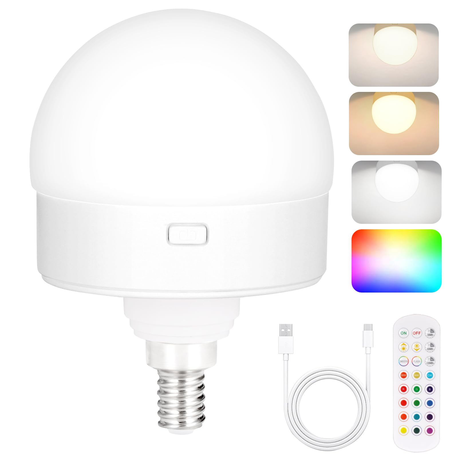 Yochoice E12 Rechargeable Battery Operated Light Bulb with Remote  Dimmable LED Bulb with 15 Colors Selectable & 3 Timer  Wireless Detachable Puck Light Bulb for Wall Sconce  Non-Hardwired