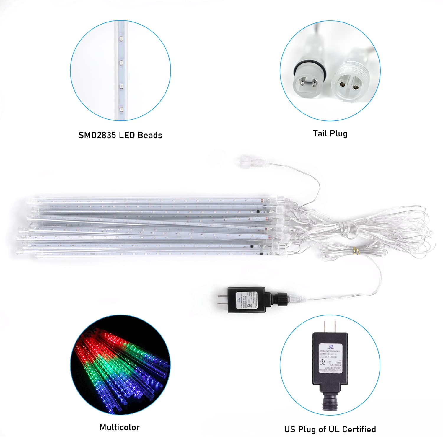 Aluan Meteor Shower Lights, 20 Tubes, 16 inch, 720 LED, Waterproof, Multicolor, Model GP-SW070DC0857-IP44(US)A