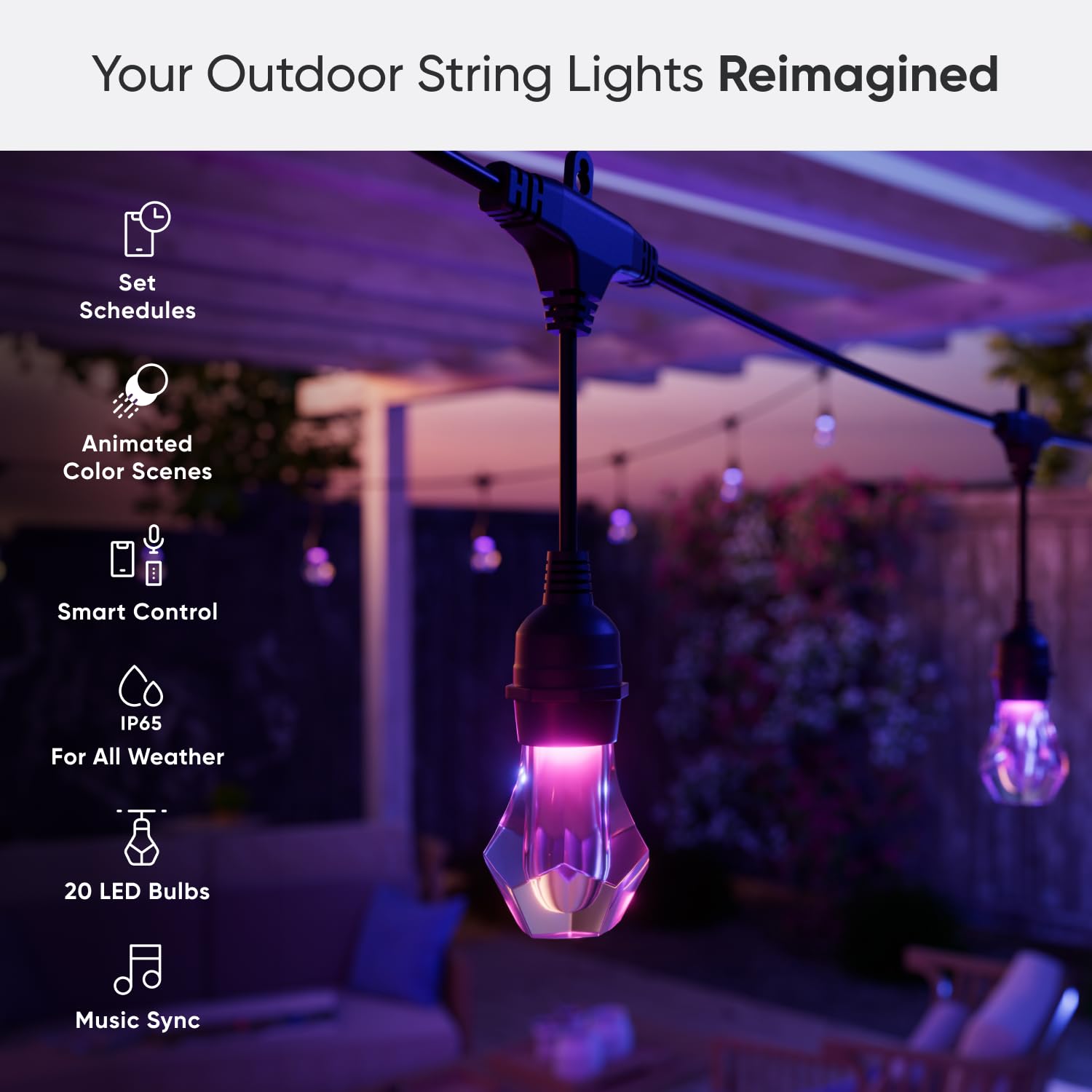 Nanoleaf Essentials Smart Outdoor String Lights, 49ft Expansion, Multicolor RGBICW, Model NF084E00-20SLO, Wi-Fi + Bluetooth, IP65 Water Resistant