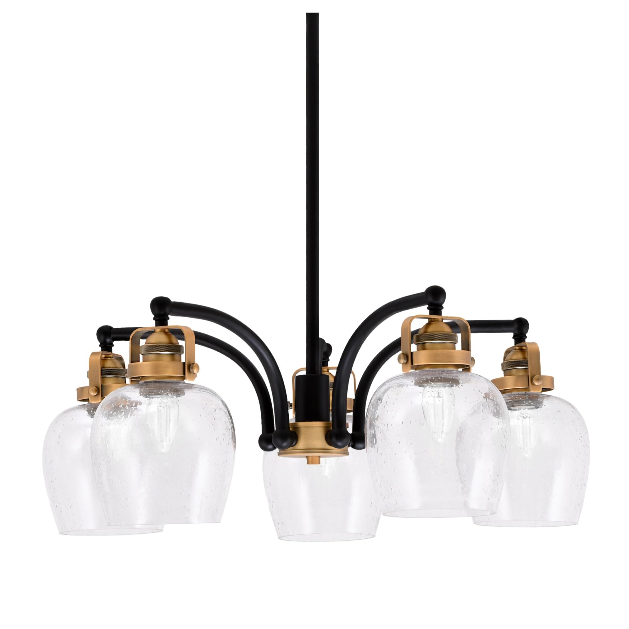 Easton Downlight, 5 Light, Chandelier Shown In Matte Black & Brass Finish With 6&quot; Clear Bubble Glass