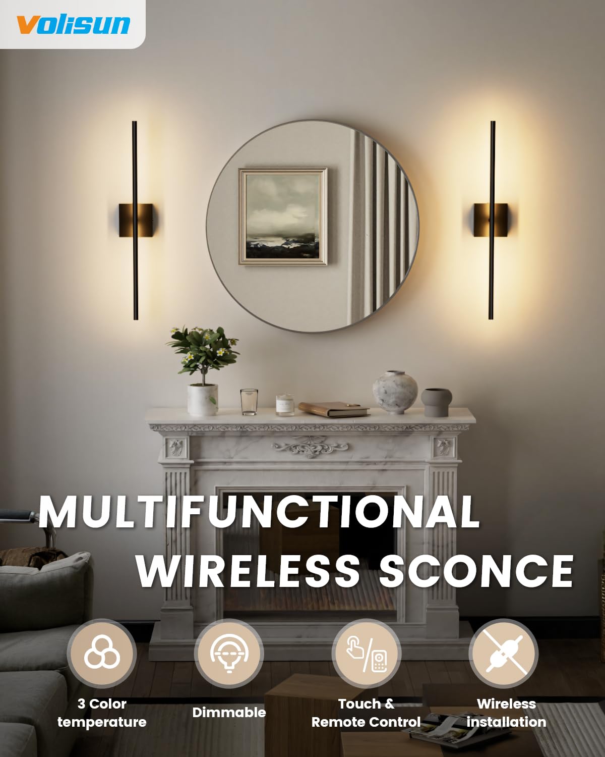 Volisun Battery Operated Wall Sconce Set Of Two, Black Rechargeable Wall Lights With Remote Control, 3000K-6500K Dimmable Wall L