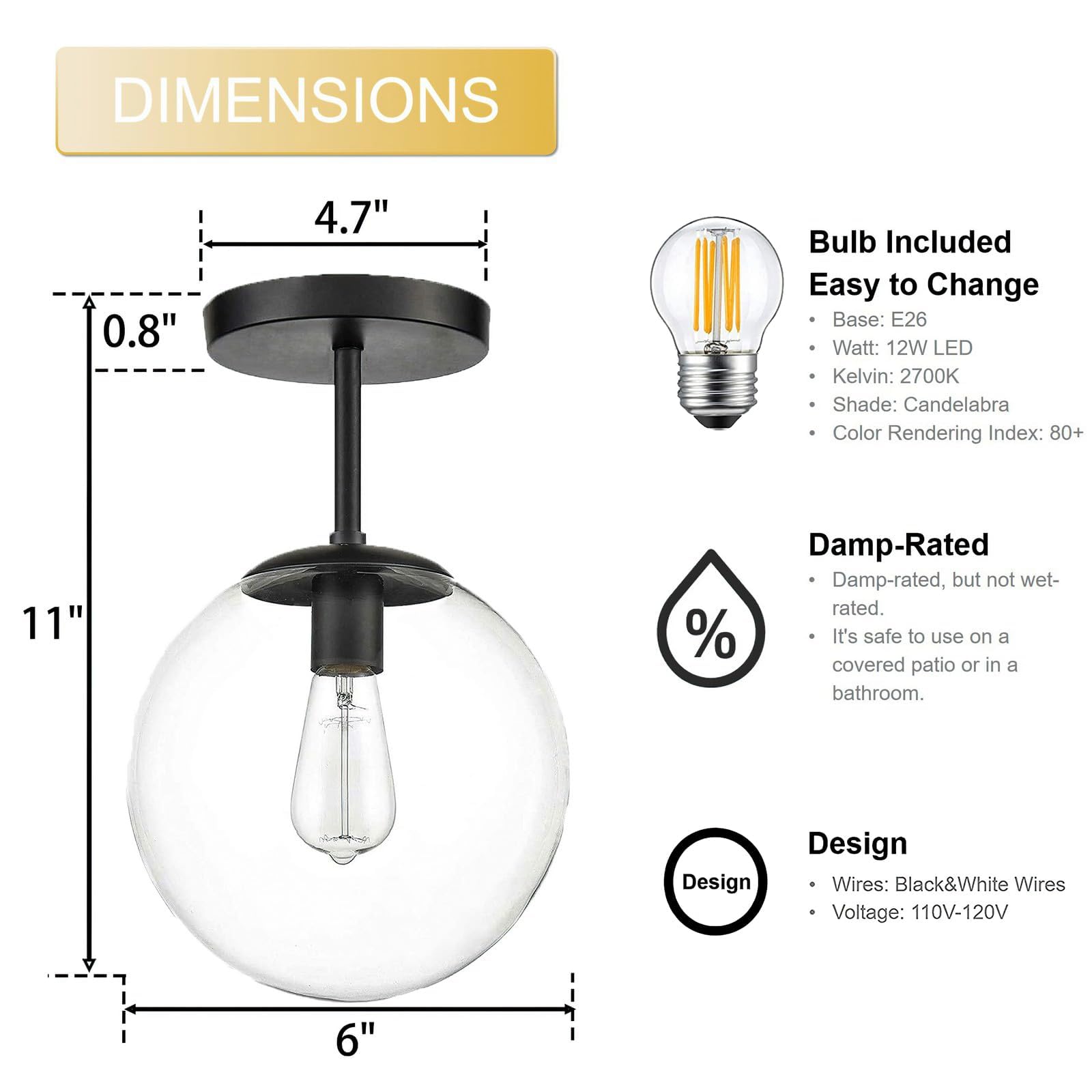 Koko&Yukina Mid Century Modern Black Globe Ceiling Light Fixture, Clear Glass, 1-Light, 6&quot;