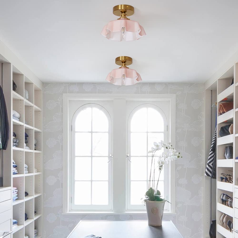 Dsmjfu Vintage Pink Ceiling Light, Brass Pink Flush Mount Ceiling Light, Porch Ceiling Light Fixtures, Glass Small Semi Flush Mo