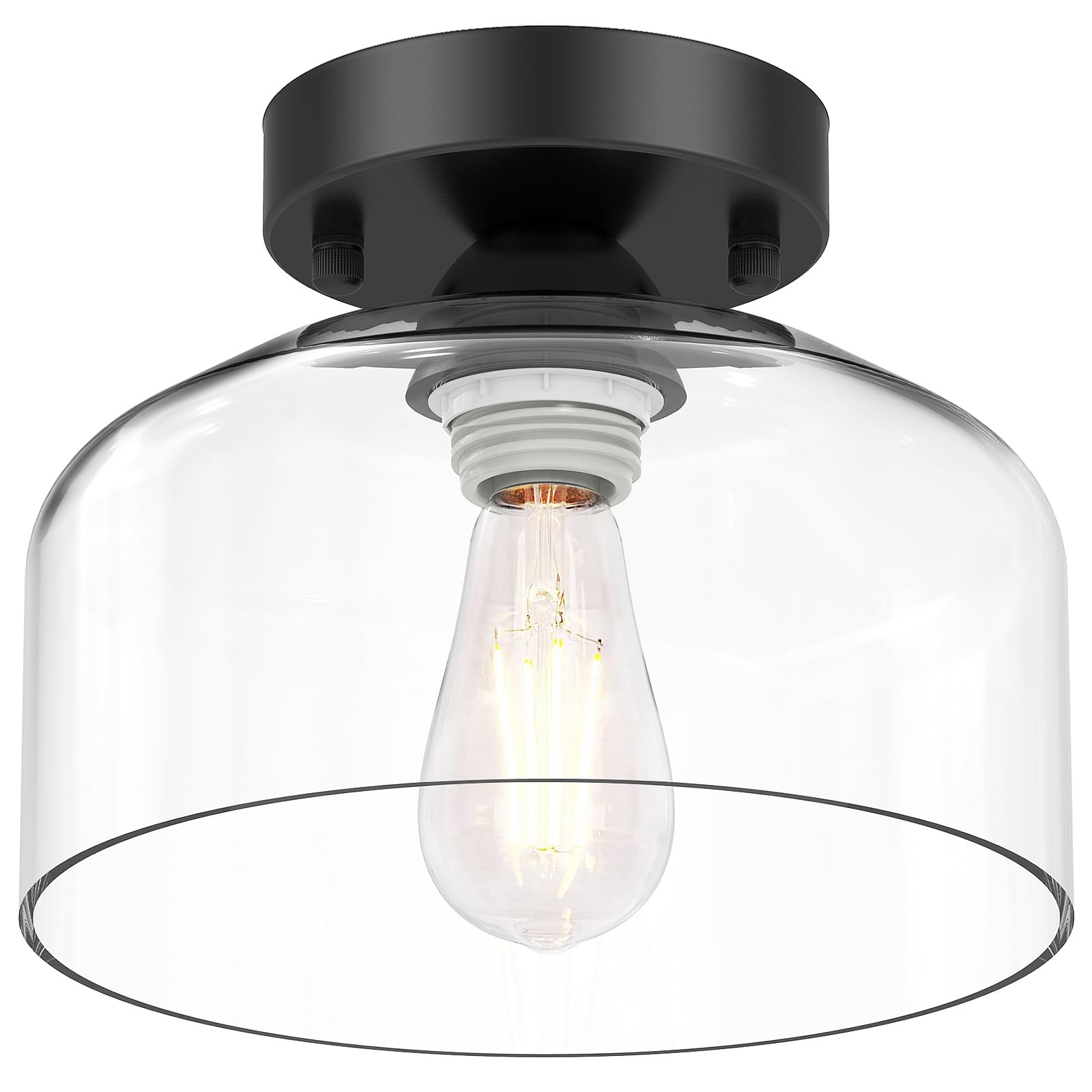 Semi Flush Mount Ceiling Light - Clear Glass Pendant Lamp Shade, Matte Black Finish, Modern Farmhouse Light Fixture For Hallway Corridor Kitchen Entryway Bedroom, Bulb Not Included