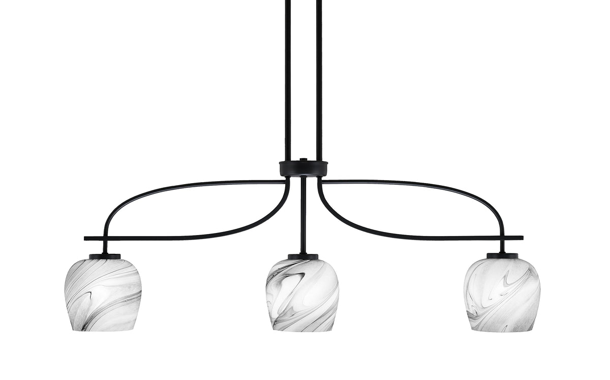 Cavella 3 Light Island Light Shown in Matte Black Finish with 6&quot; Onyx Swirl Glass