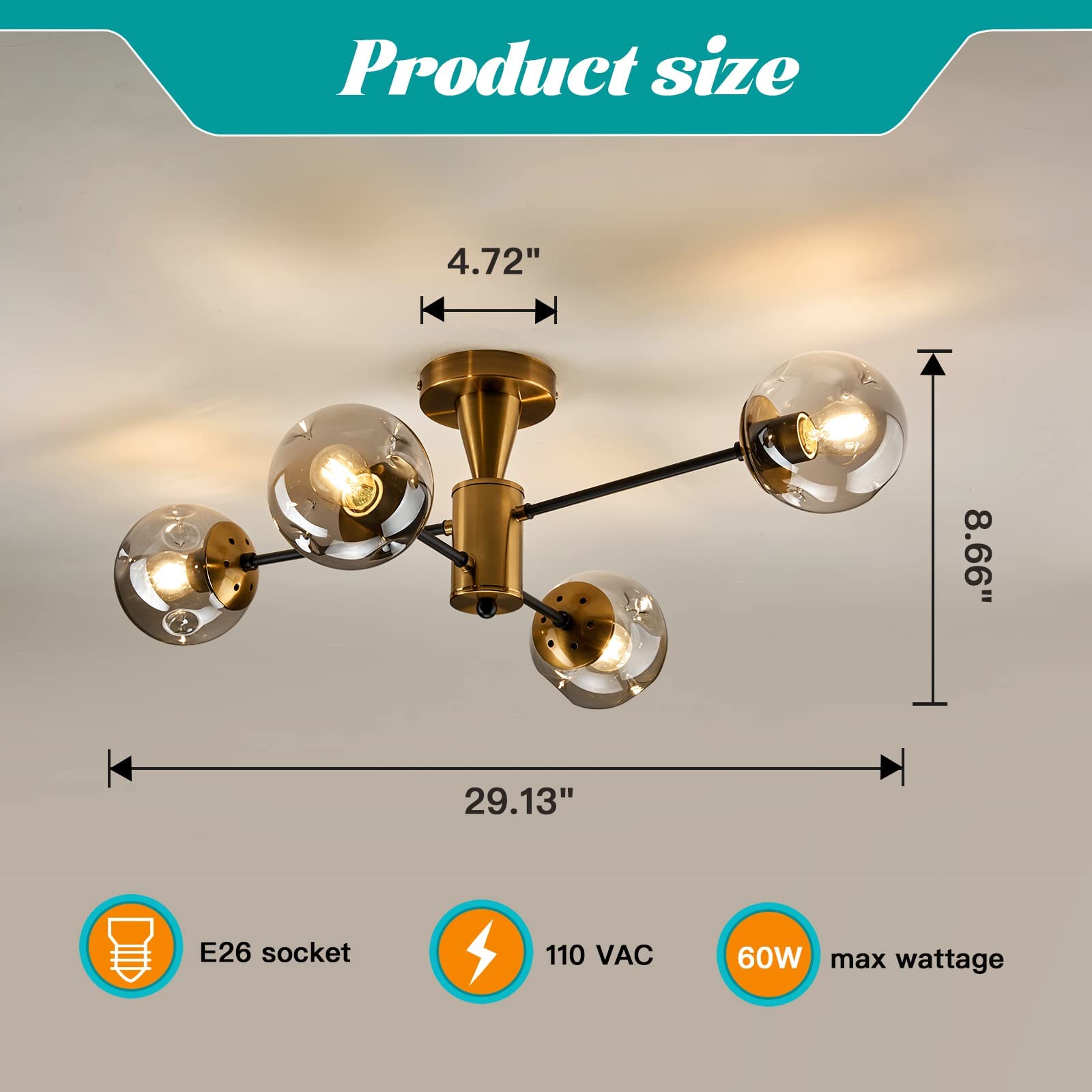 Hesoge Modern Semi Flush Mount Ceiling Light Fixture, 4-Light Gold Mid Century Chandelier With Glass Globe,Ceiling Lighting For
