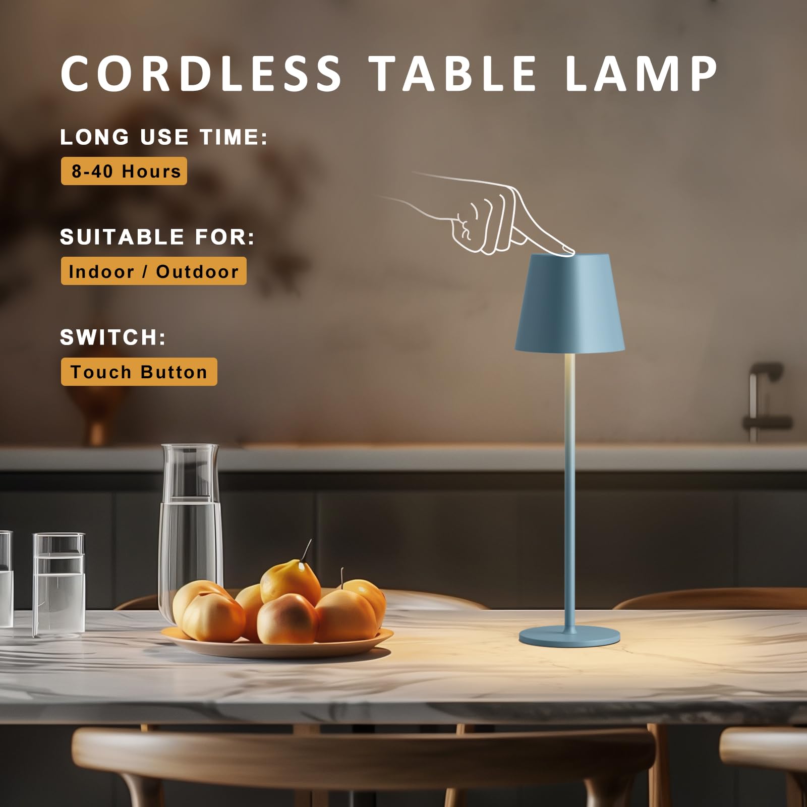 Kakanuo Blue Cordless Lamp, Rechargeable Lamps, Battery Operated, 3 Color Temperature, Stepless Dimmable, Led Portable Wireless