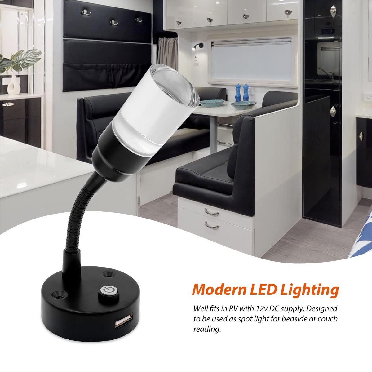 Dream Lighting RV Reading Lights, USB 12V LED Bedside Book Lamps, Black-Coated Steel, Pack of 2, Cool White Light