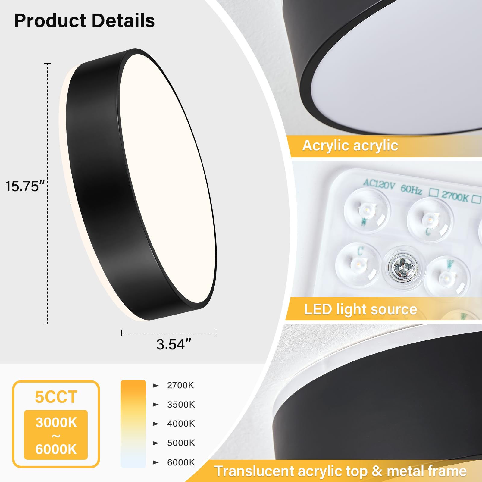 Peblto Dimmable Black Led Ceiling Light, 2700K-6000K Modern Flush Mount Lamp, 15.7