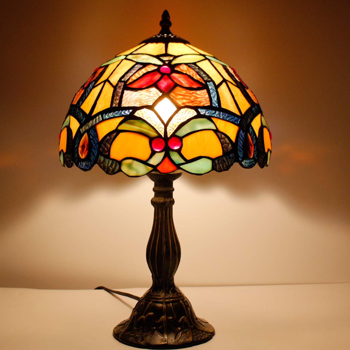 Werfactory Tiffany Table Lamp Orange Stained Glass Flower Liaison Style Reading Desk Bedside Light 12X12X18 Inches Decor Bedroom
