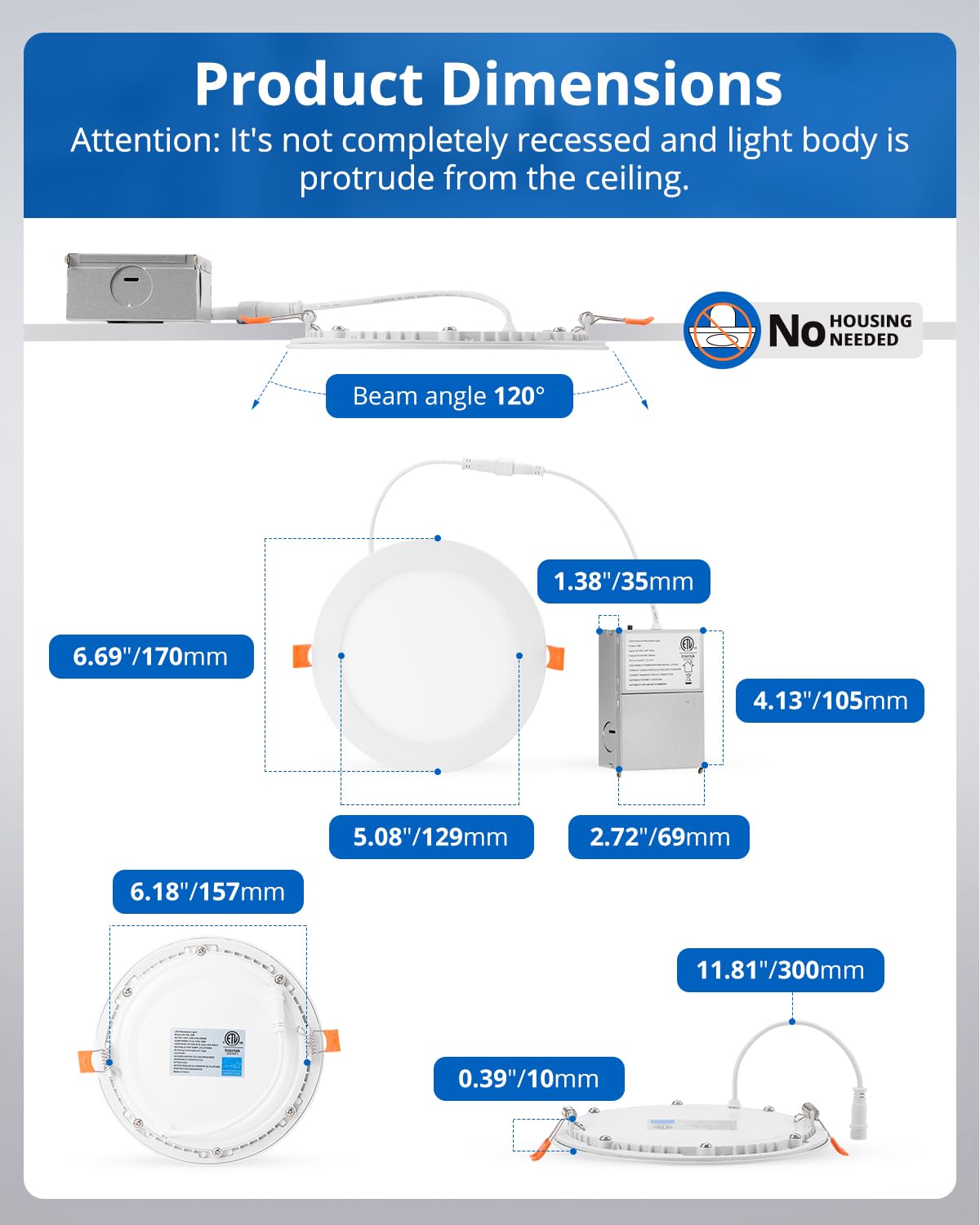 Vtuik 6 Inch Led Recessed Ceiling Light, Dimmable Canless Wafer Downlight, 7Cct 2700K-6500K For Kitchen Living Room Basement Bat