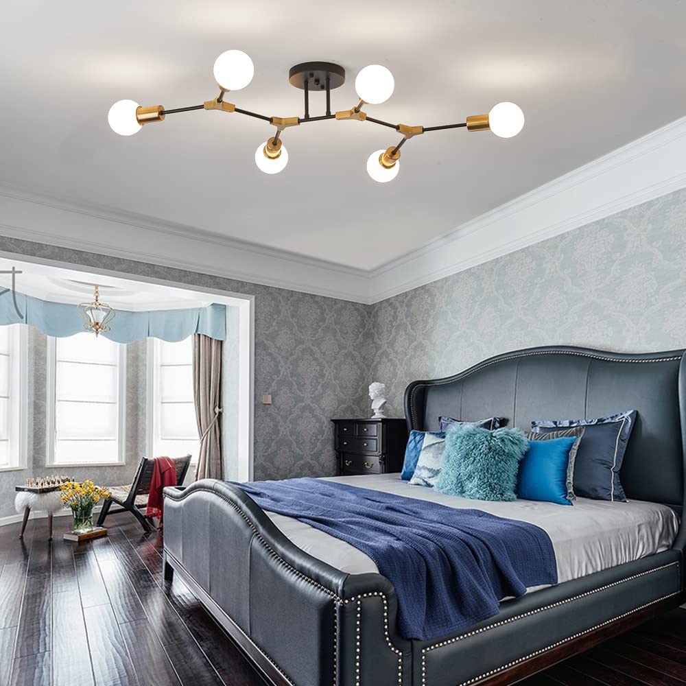 Quoobe Modern Mid Centur 6 Light Semi Flush Mount Ceiling Lighting Fixture For Living Room Bedroom Dining Room Hallway Kitchen Office,Minimalist Gold And Black Sputnik Chandelier