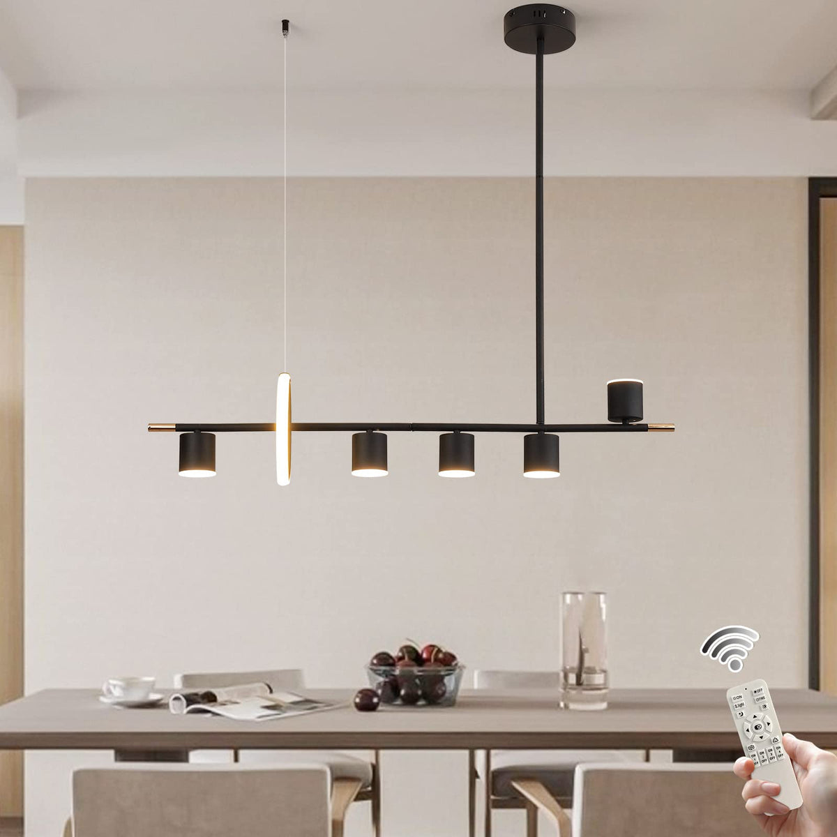 Siittoo Modern Black Pendant Light, Led Dimmable Hanging Pendant Light Fixture With Spotlights, 40'' Modern Led Chandelier Kitch
