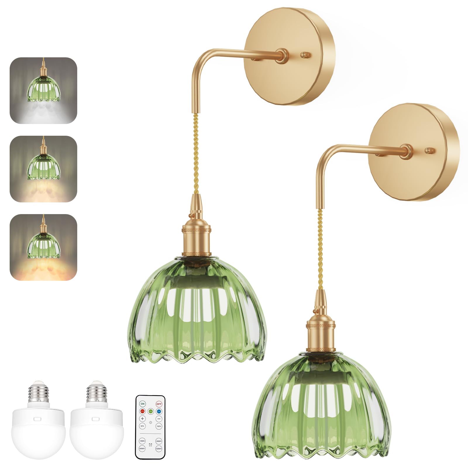 Kavedod Battery Operated Wall Sconces Cct Dimmable Wireless Sconces Set Of 2, Vintage Light Fixture With Green Tulip Glass Lamps
