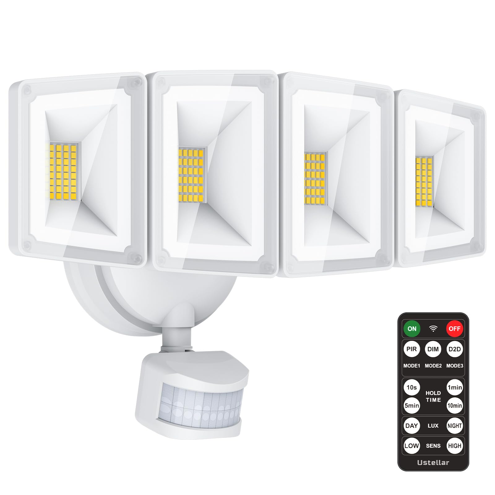 USTELLAR 100W 10000LM LED Security Lights Motion Sensor Outdoor, Remote Control 4 Heads LED Flood Light Outdoor, 5000K Daylight,