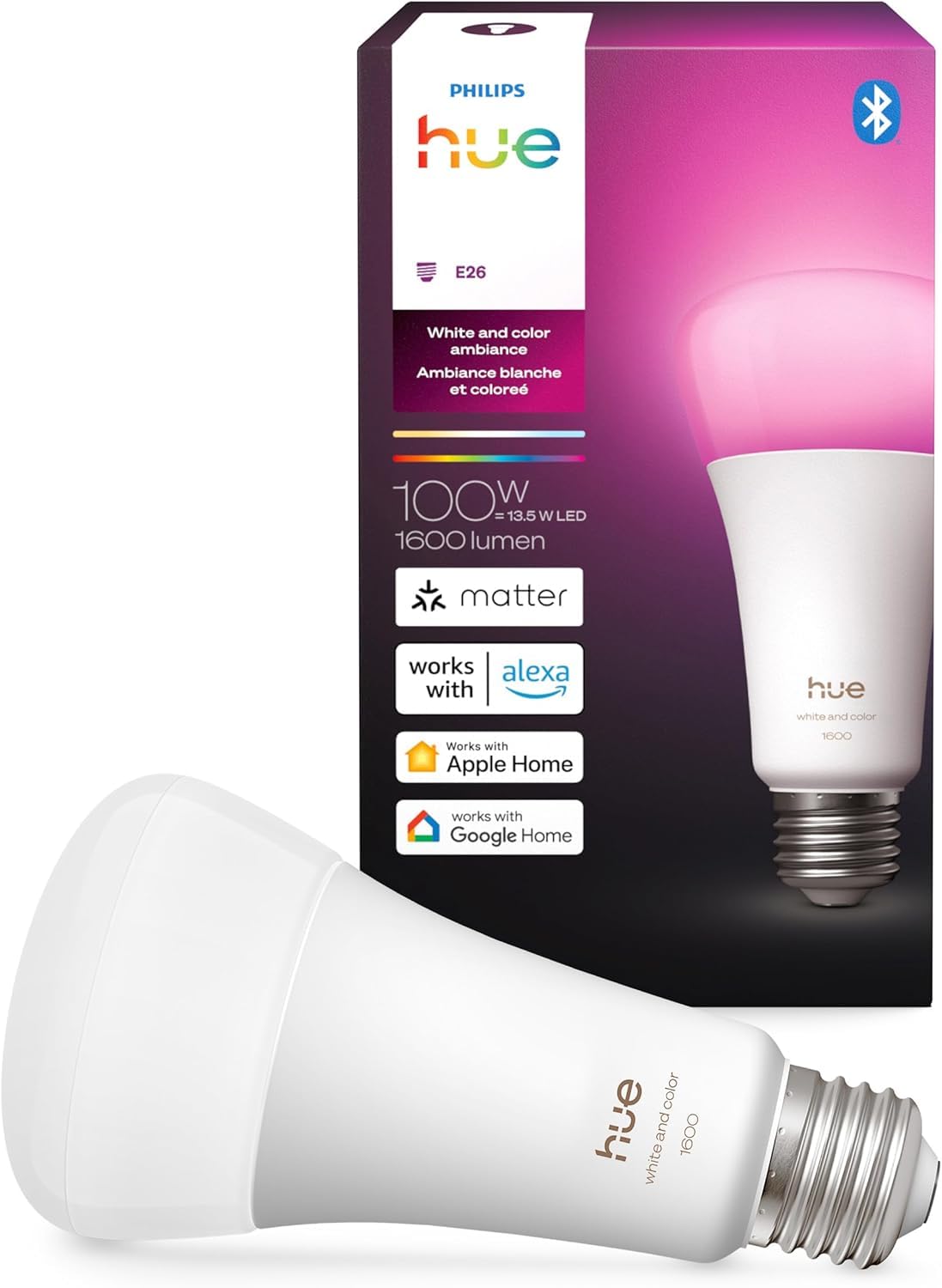 Philips Hue Smart LED A21 Bulb  White and Color Ambiance  E26 Base  13.5W  Full Spectrum Light 1000K-20000K  1600 Lumens  Dimmable  Compatible with Alexa  Google Assistant  and Apple Home  1 Pack