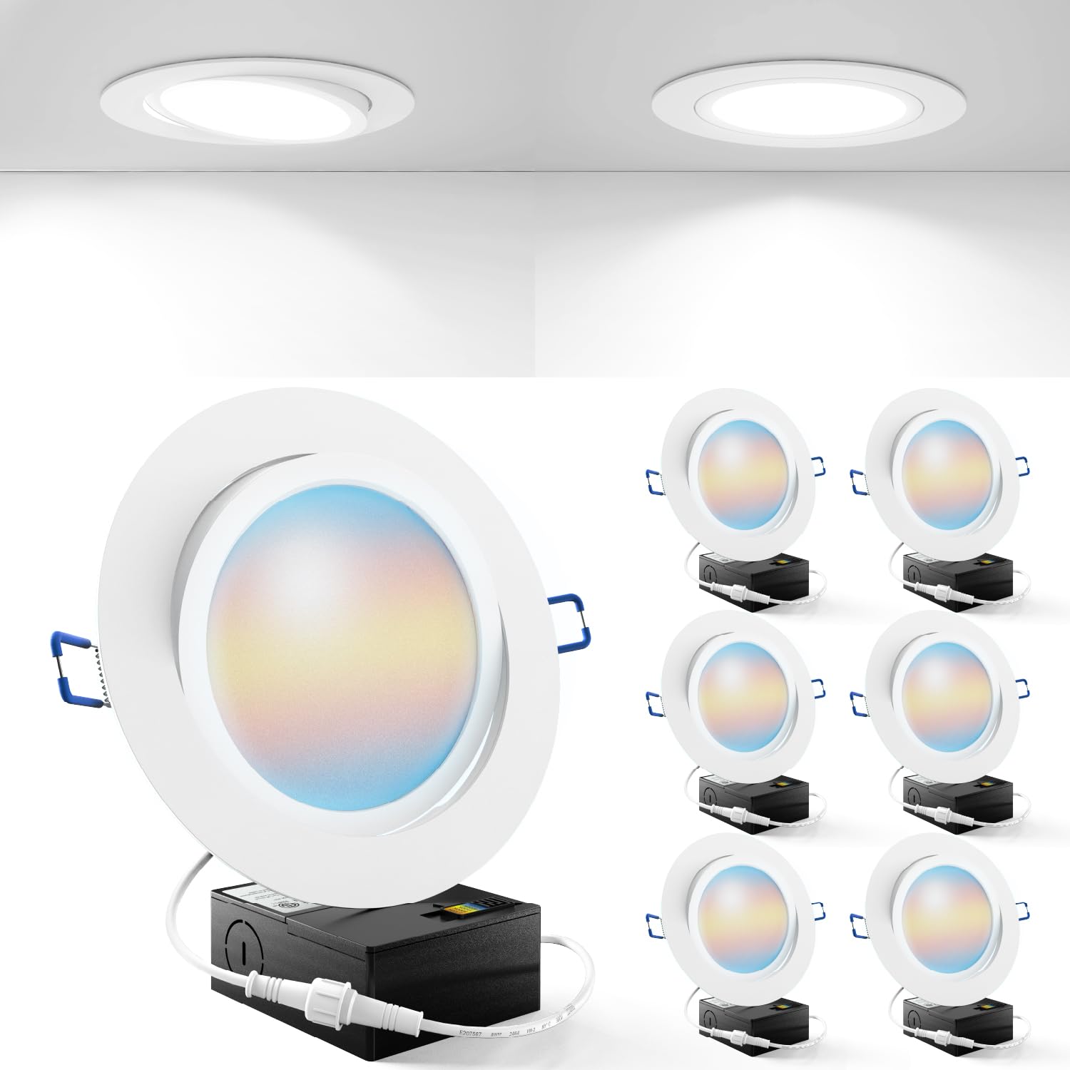 Sunco 6 Pack Adjustable Recessed Lighting LED, Gimbal Lights 6 Inch Directional Eyeball Canless, Selectable CCT 2700K/3000K/4000