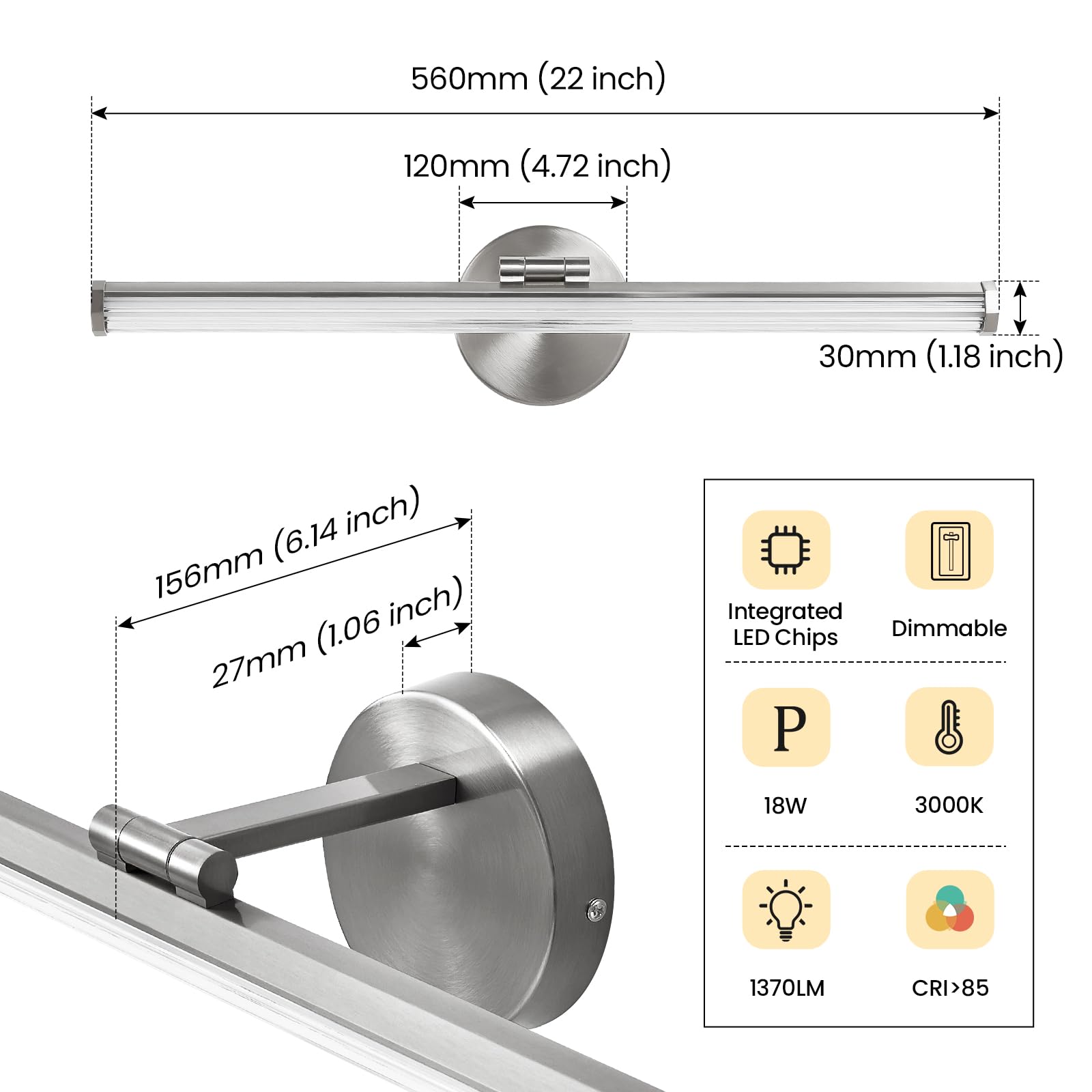 Kaisite 22" Brushed Nickel Led Bathroom Light Fixture, Dimmable, Rotatable, Modern Design