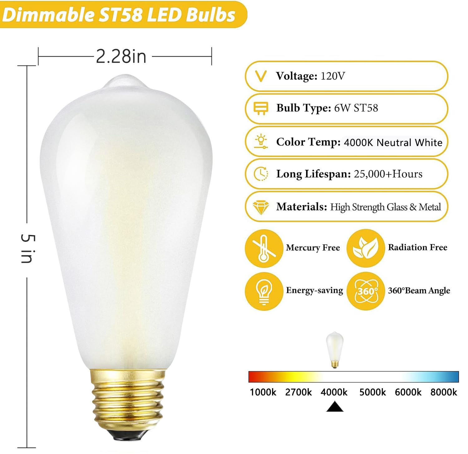 HOMOSUM Dimmable LED Edison Bulbs, 6W/60W, 4000K Neutral White, E26, Pack of 6, ST58 Frosted, 90