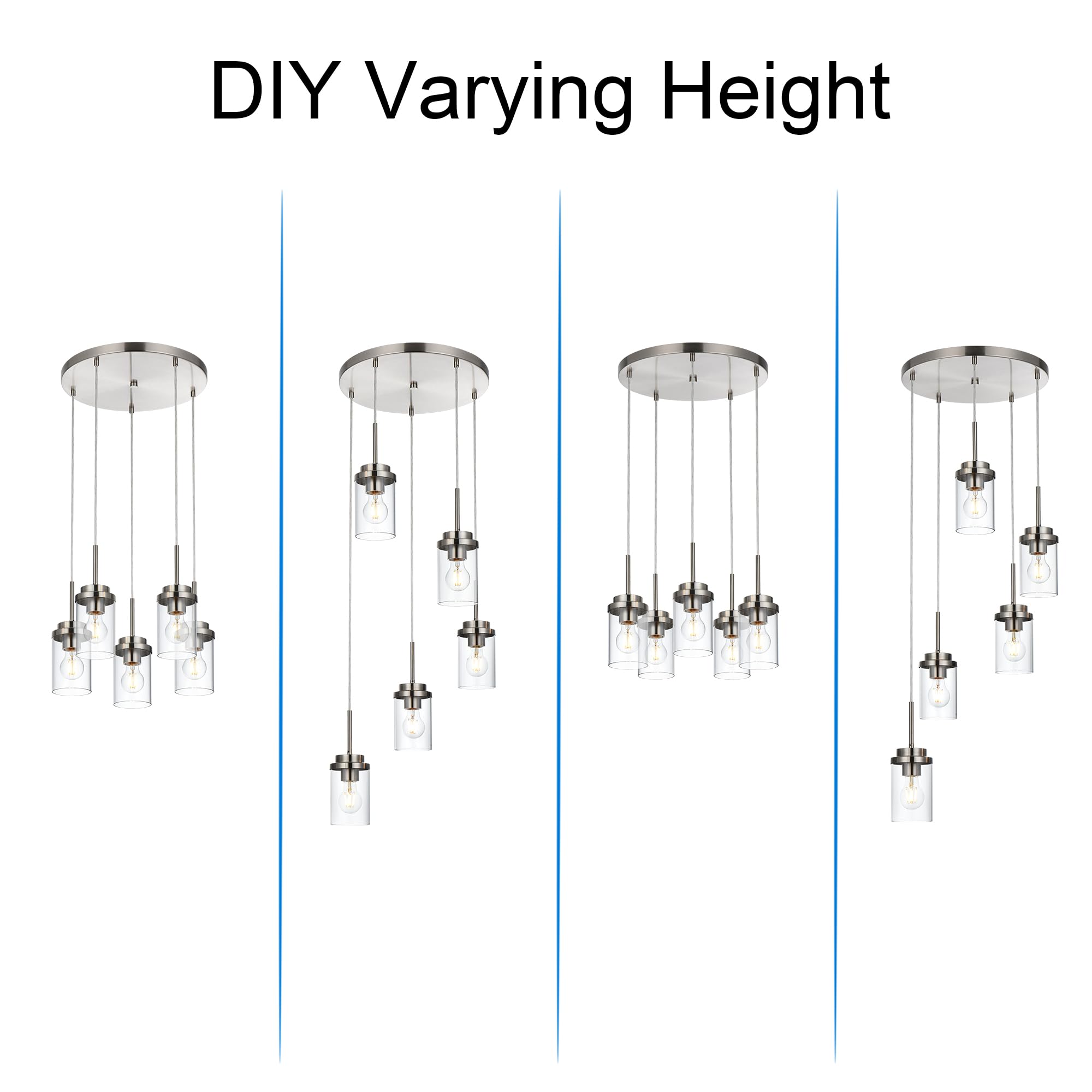 MELUCEE 5-Light Cluster Pendant Lights Brushed Nickel Metal Chandelier 4-4501-5RD-SN Adjustable Ceiling Lamp with Clear Glass Shade