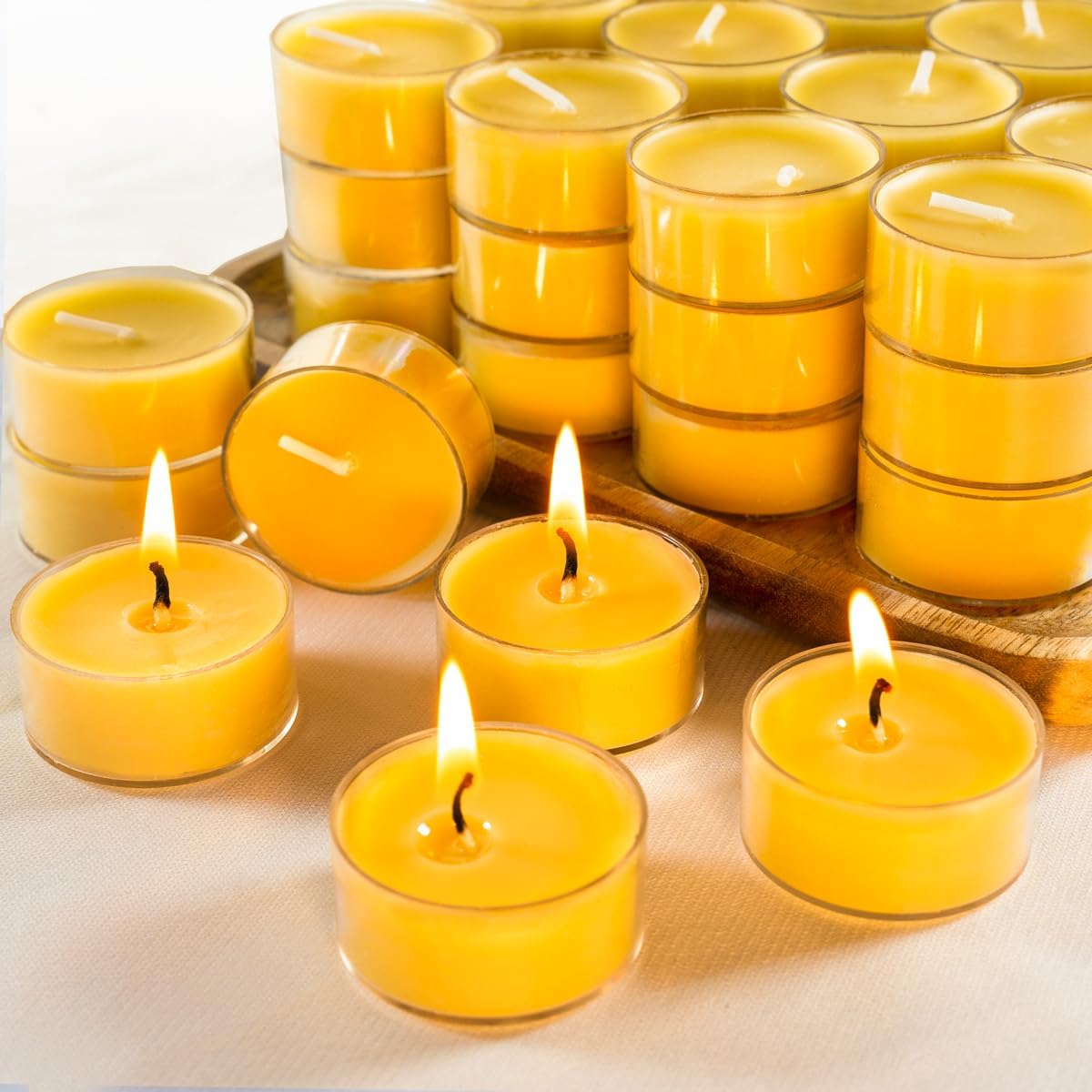 Capaniel 48 Packs Beeswax Tealight Candles- 4 Hour Burn Time Pure Beeswax Candles- Burn Evenly And Clean- Beeswax Candles Bulk Smokeless Beeswax Tea Lights For Relaxing Air Purification