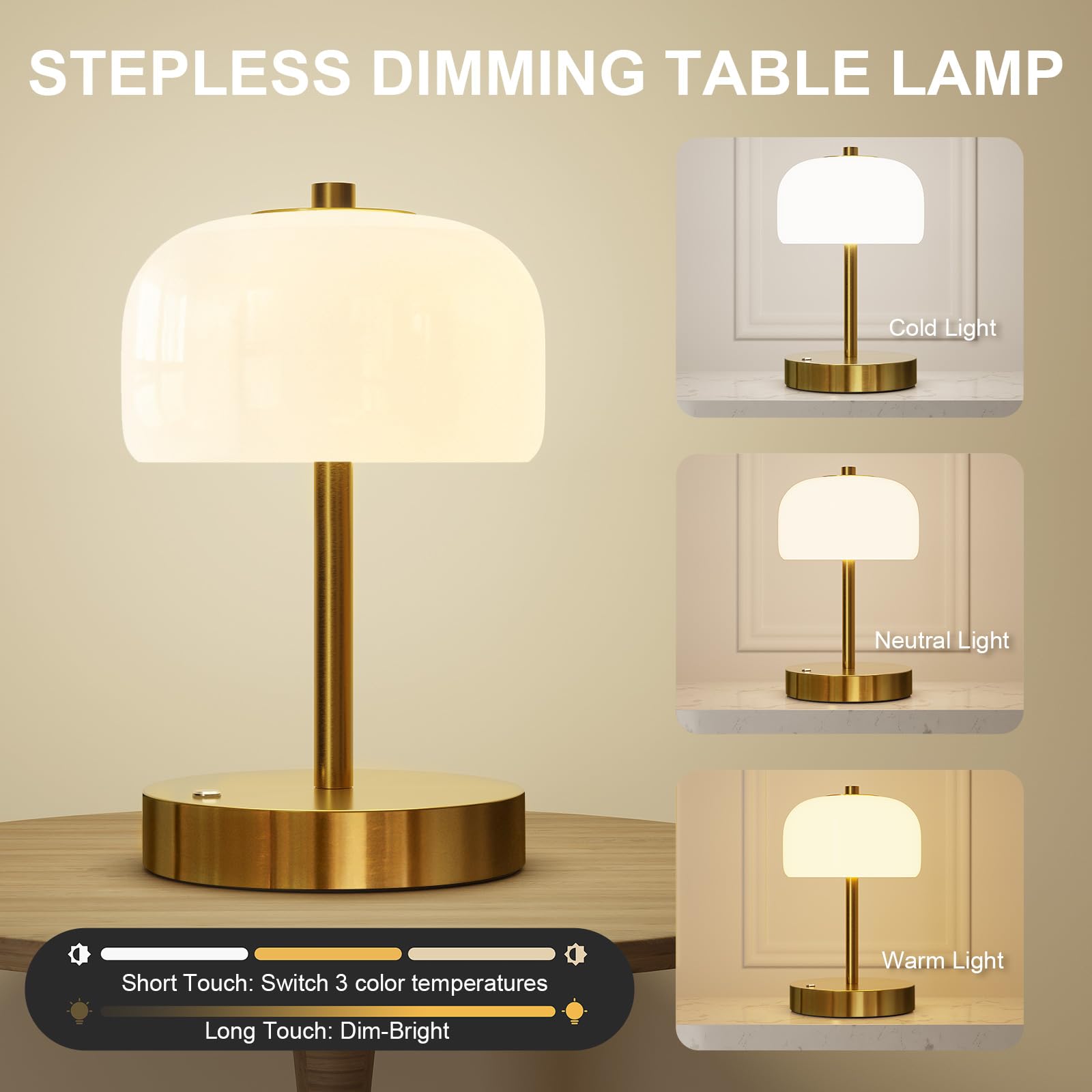 Oneach 9'' Cordless Table Lamps Set Of 2, Gold Rechargeable Battery Operated Lamp, 3-Way Stepless Dimming Touch Mushroom Lamps,