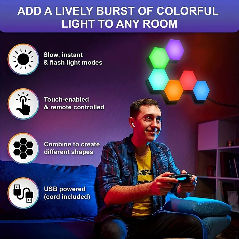 Ifthfour 10 Pack Hexagon Light Panels - Smart Rgb Hexagon Led Lights Wall Lights Remote Control Lights For Lving Room, Bedrooms,