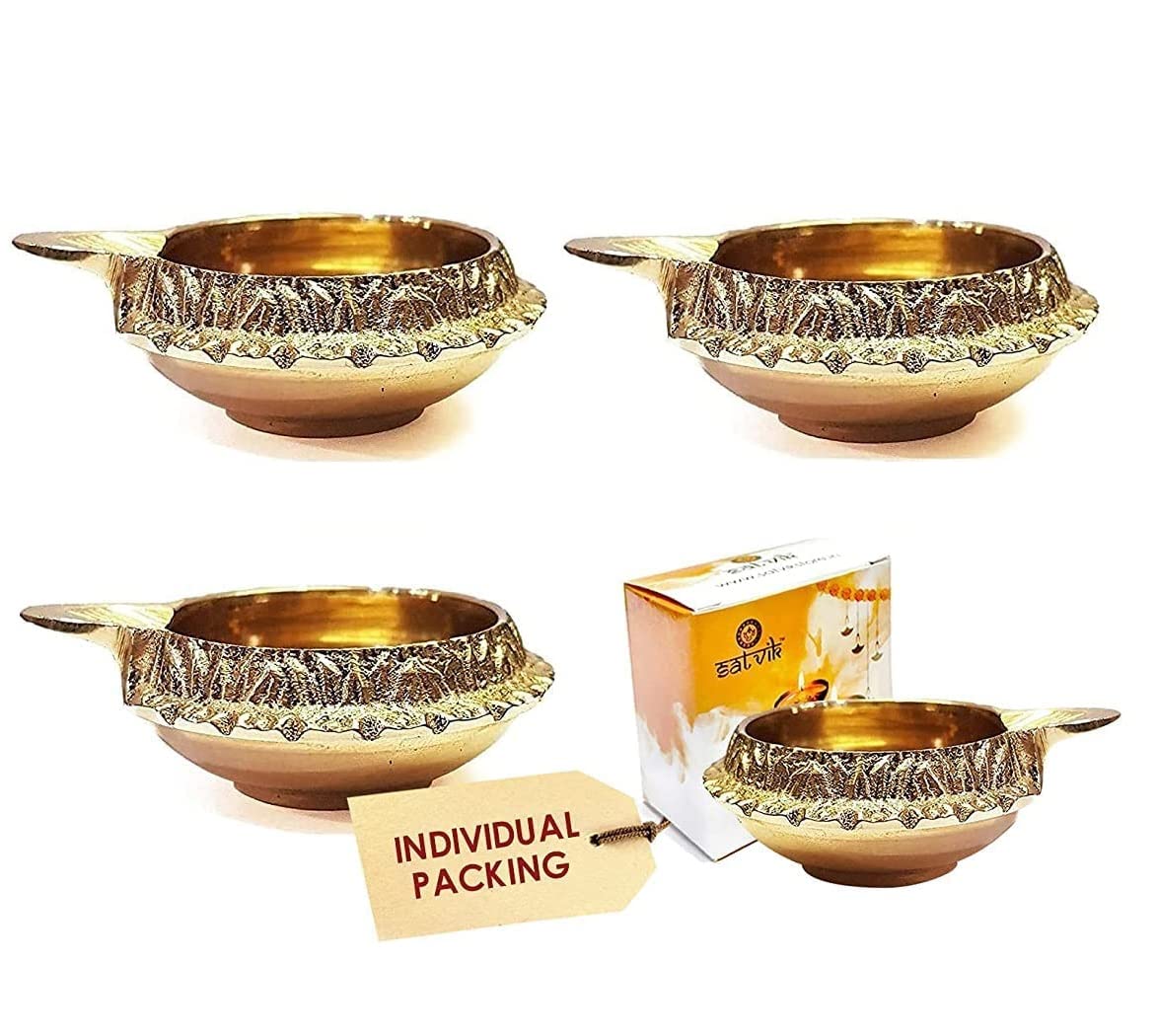 SATVIK 4 pc Kuber Diya for Diwali Decoration. Handmade Oil Lamp with Golden Engraved Made of Virgin Brass Metal. Diwali Diya Vil