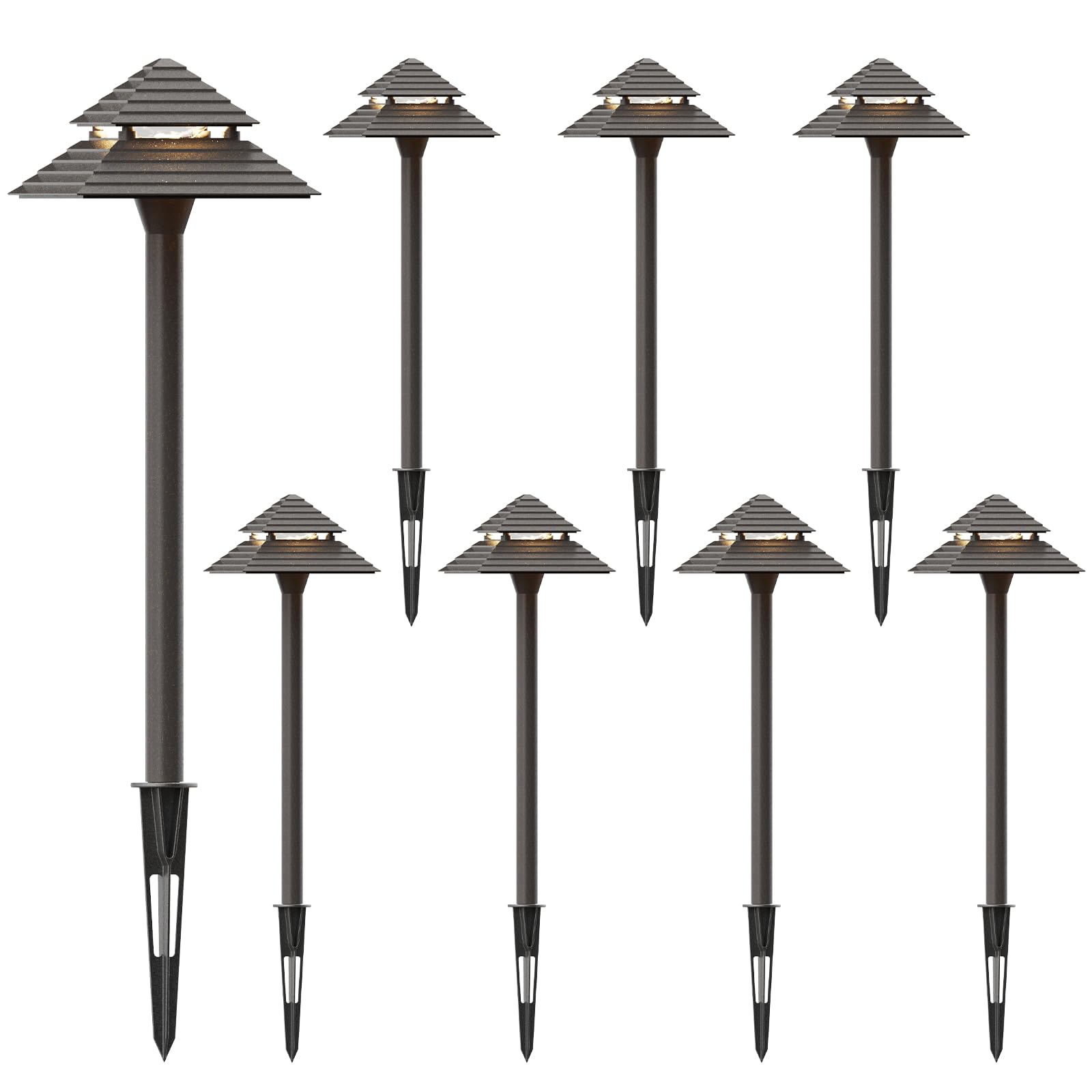 GOODSMANN Landscape Lighting 8PK Path Lights 2-Tier Pagoda 3W LED 180 Lumen Bronze Metal
