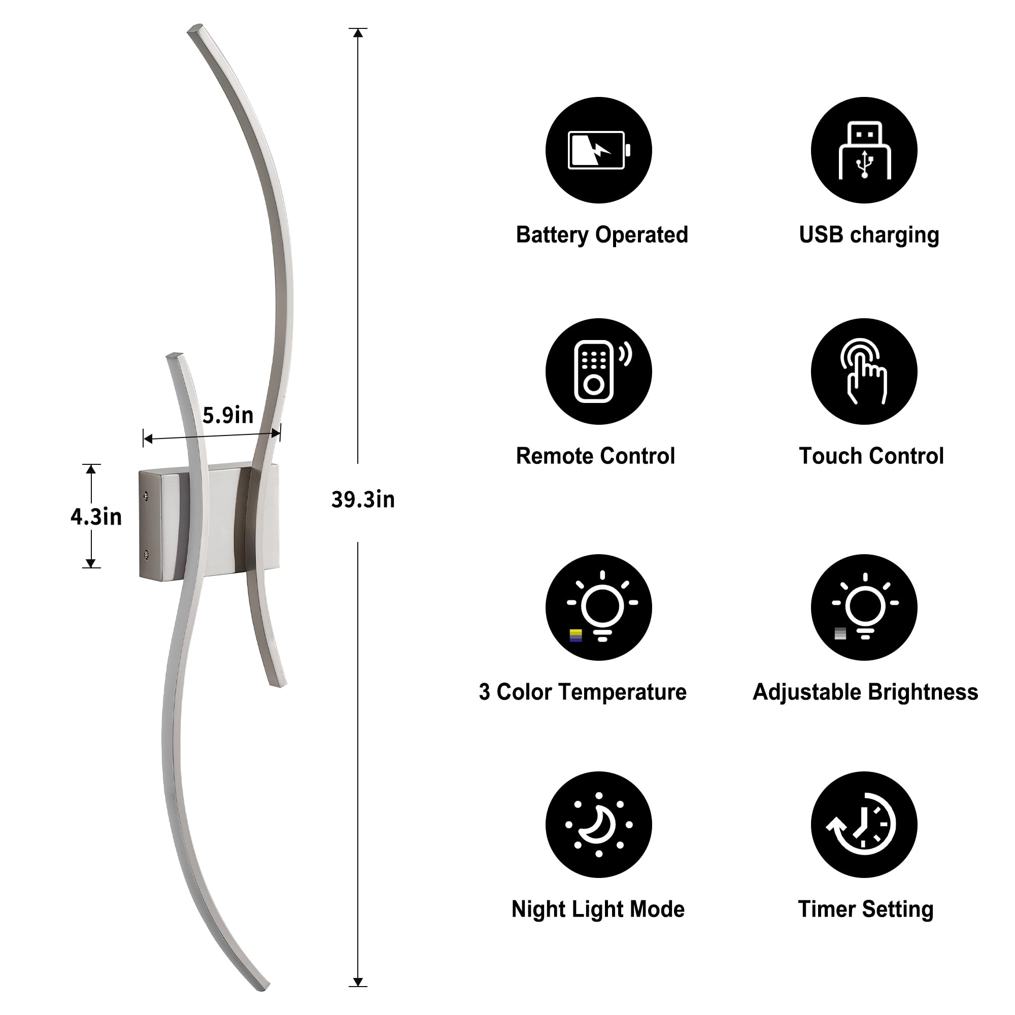 KARTOOSH Battery Operated Wall Sconces, Remote Control, Dimmable LED, Nickel, 39.3 Inch, Set of Two, Model ZM319BNC100