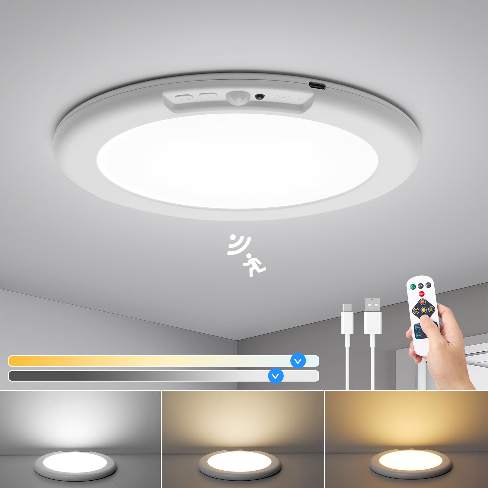 Combuh Battery Operated Ceiling Light No Wiring, Rechargeable Motion Sensor Closet Lights Dimmable 3 Colors Ultra-Thin with Remo