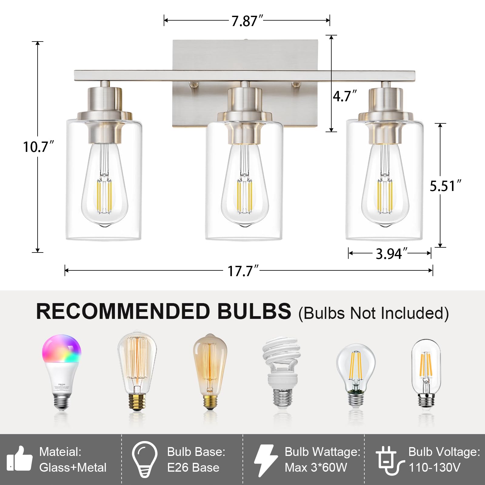 HCCZ 3 Light Bathroom Light Fixtures Brushed Nickel Vanity Light Over Mirror Modern Farmhouse Glass Shade Sconces Model 800-100-1076