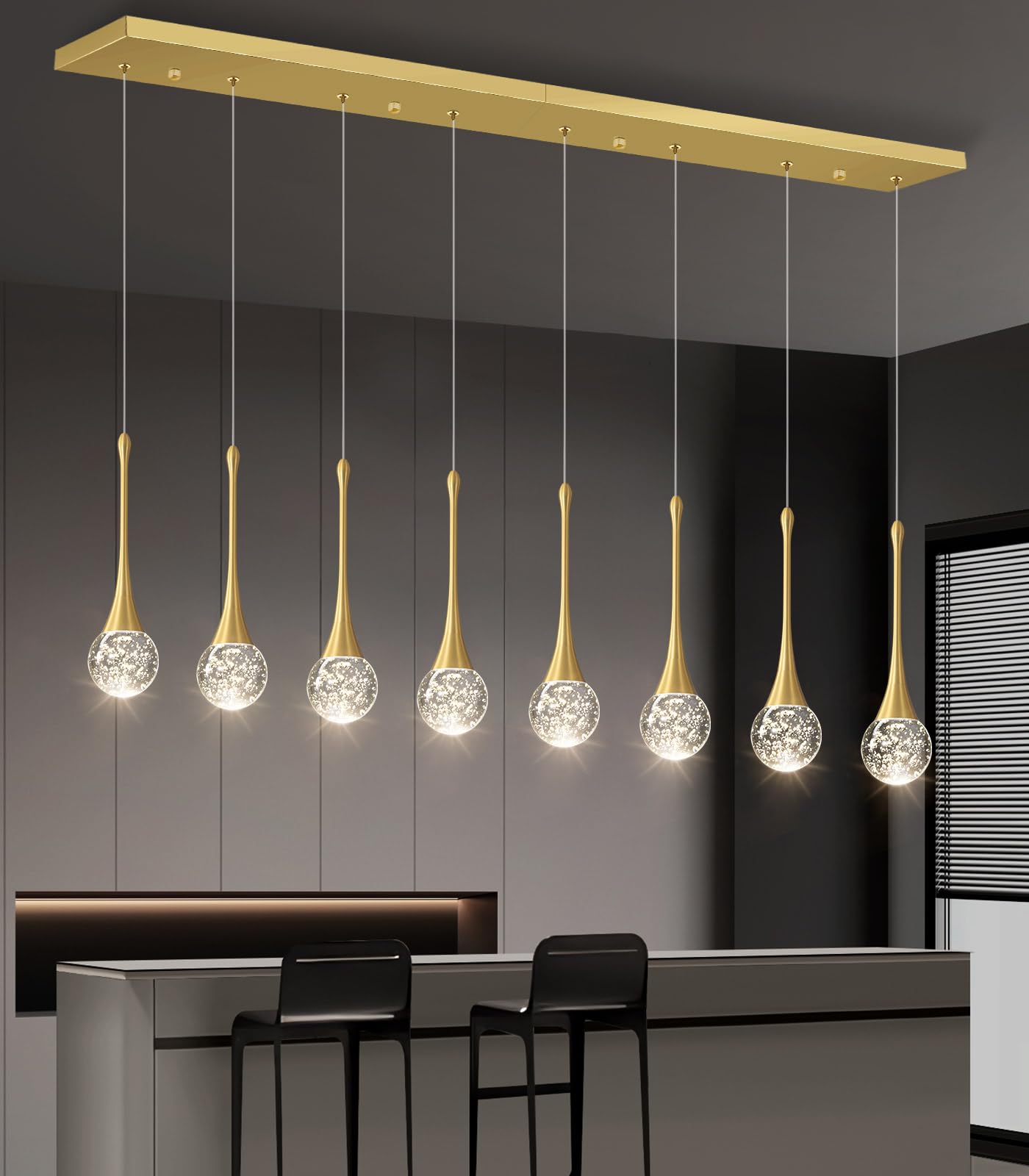 Cenozo 8 Light Rectangular Chandelier - Modern Glam Gold Crystal Pendant Light for High Ceilings, LED Dimmable, Model RS2037-8G-CT