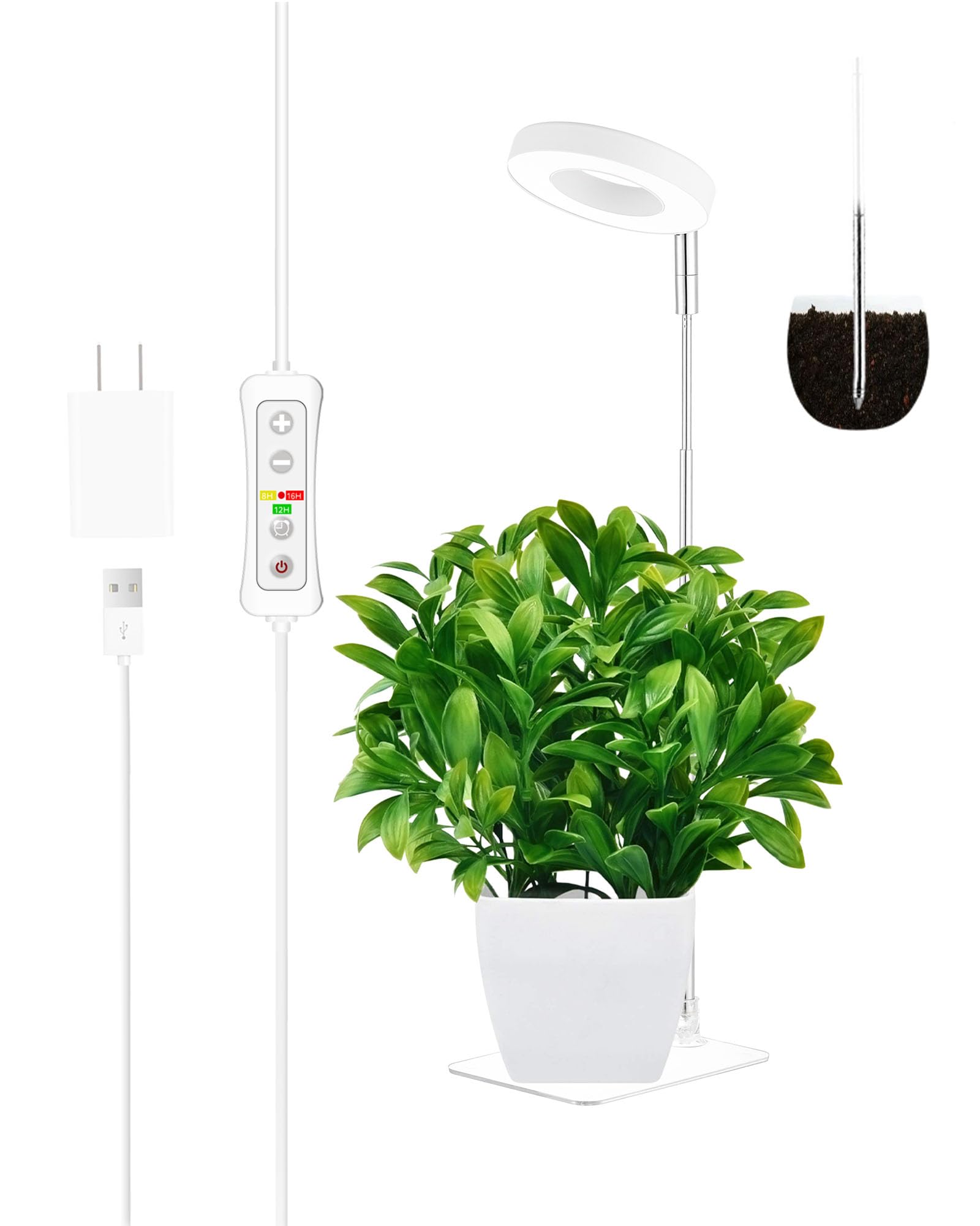 yadoker LED Grow Light Full Spectrum, Height Adjustable, 5V Safe Voltage, 1 Pack, White With Base, Model 9-BASE-WT-1PACK