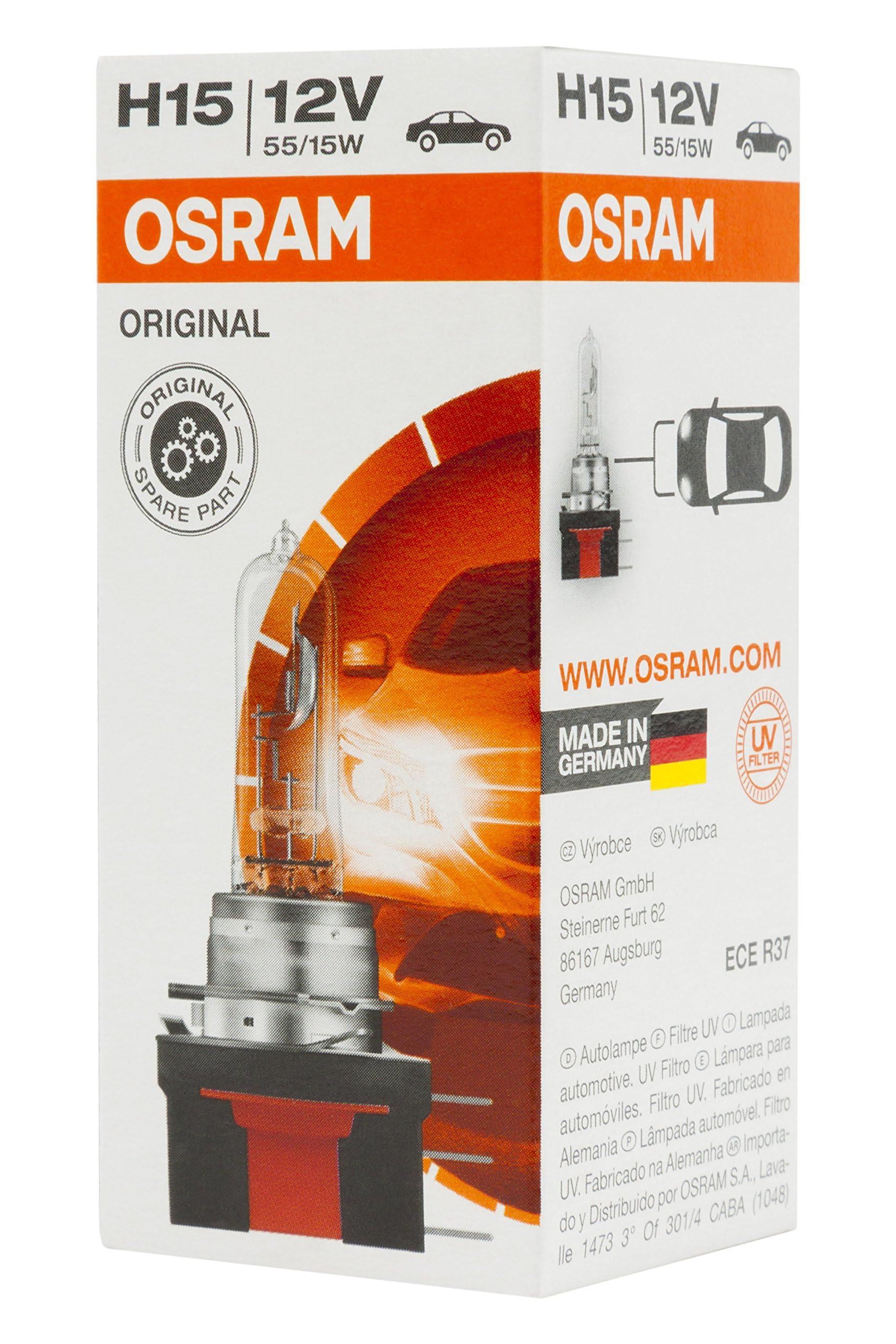 OSRAM H15 12V 15/55W PGJ23T-1 Halogen Bulb, Plastic, Black, Folding Box Packaging