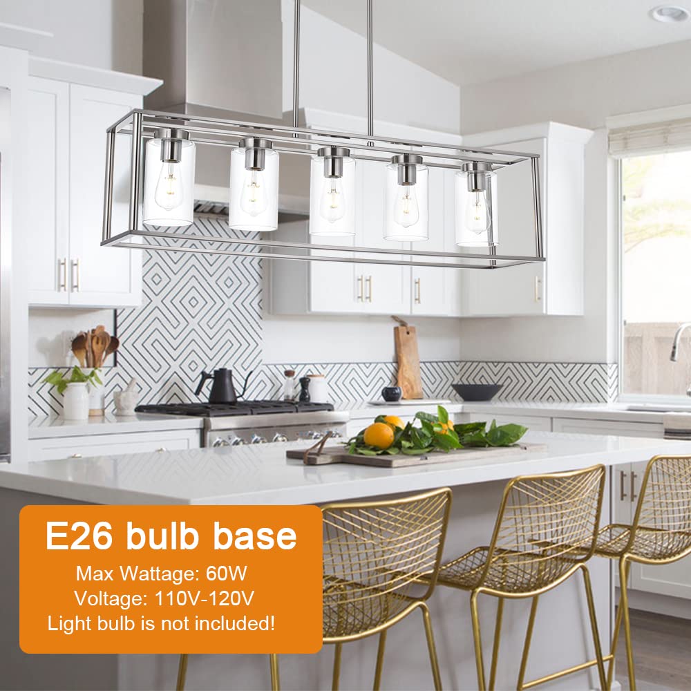 VINLUZ 5 Light Contemporary Chandeliers Brushed Nickel Metal Kitchen Island Pendant Light with Glass Shade, Model 1811-5-SN