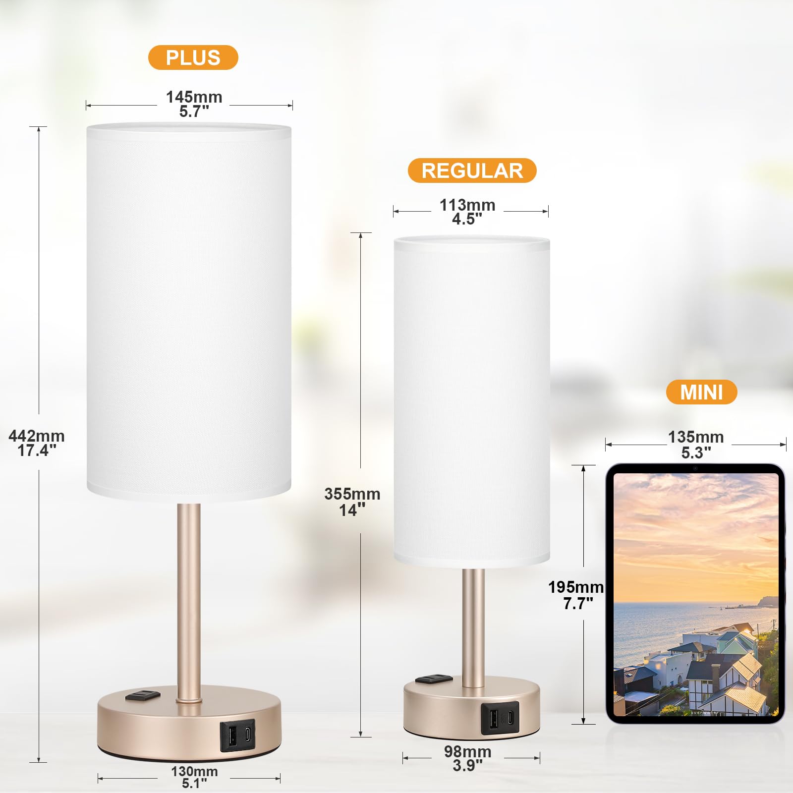 17Inches Tall Touch Bedside Table Lamps Set - 3 Way Dimmable Bedroom Lamp Set Of 2 With Usb C And A Ports, Lamps For Nightstand