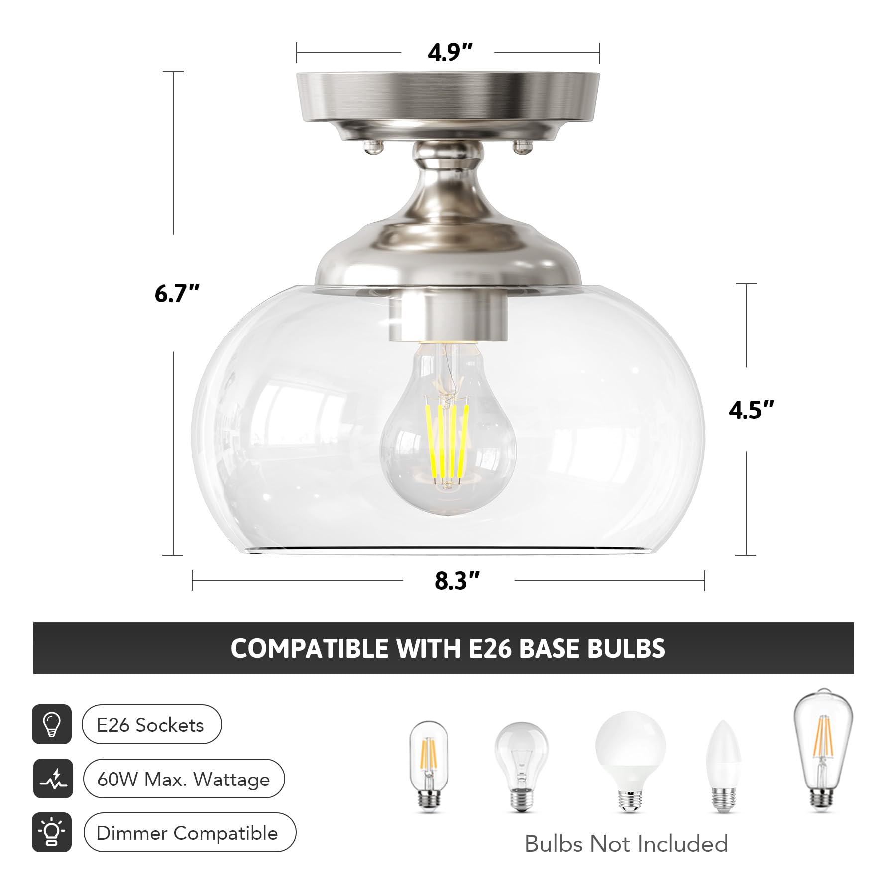 VONLUCE Industrial Semi Flush Mount Ceiling Light, 8.3in Brushed Nickel Fixture with Clear Glass Shade, Model HCF-15M6-NI