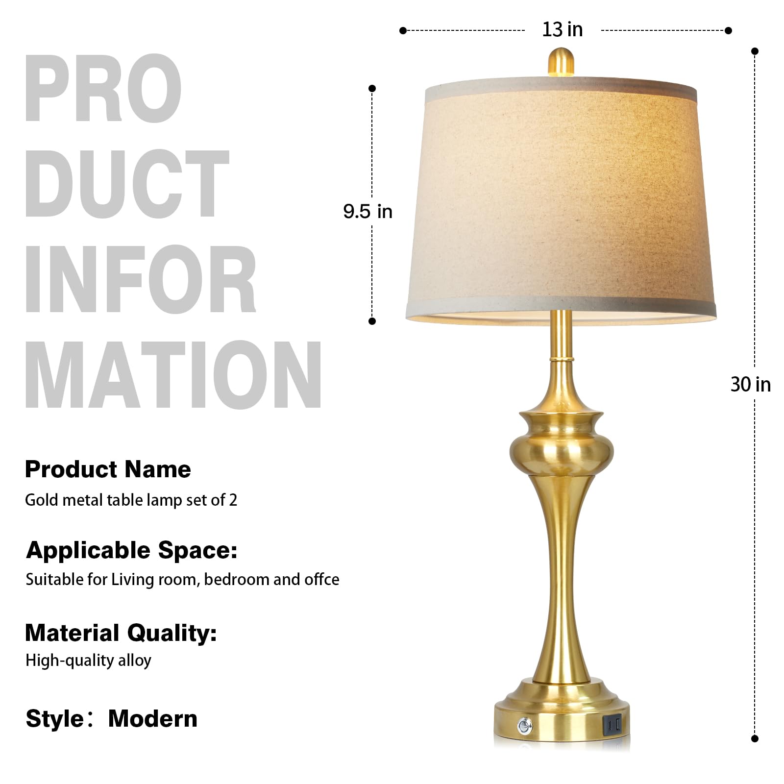 Rinweey 30in Gold Metal Touch Control Table Lamp Set of 2 with USB Ports, Modern Bedside Lighting, Model TD-RW-626