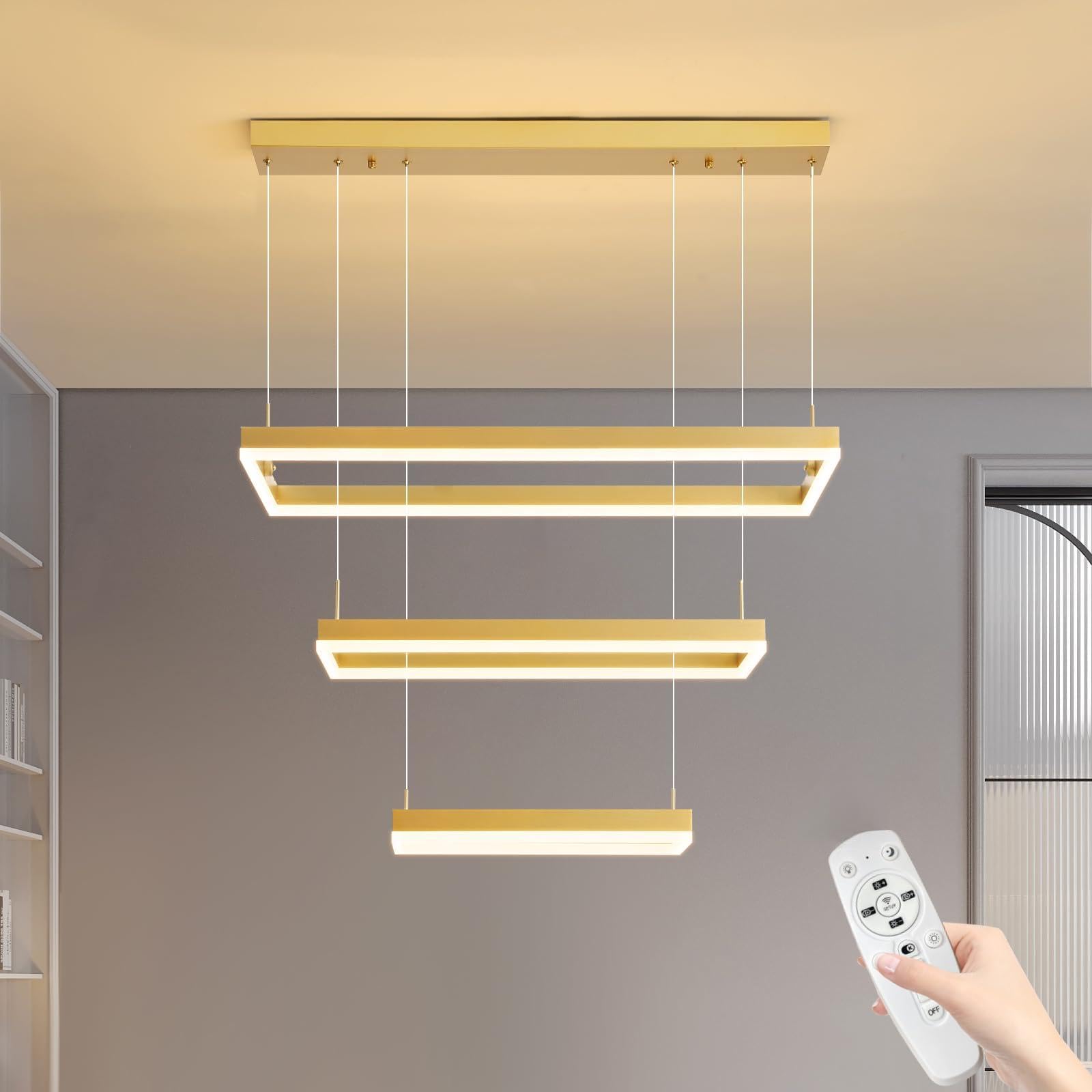 Matven Modern LED Pendant Light Fixture, 3-Ring Rectangular Chandelier, Remote Control Dimming, Adjustable Height, Gold, 15.7-31.4 inches