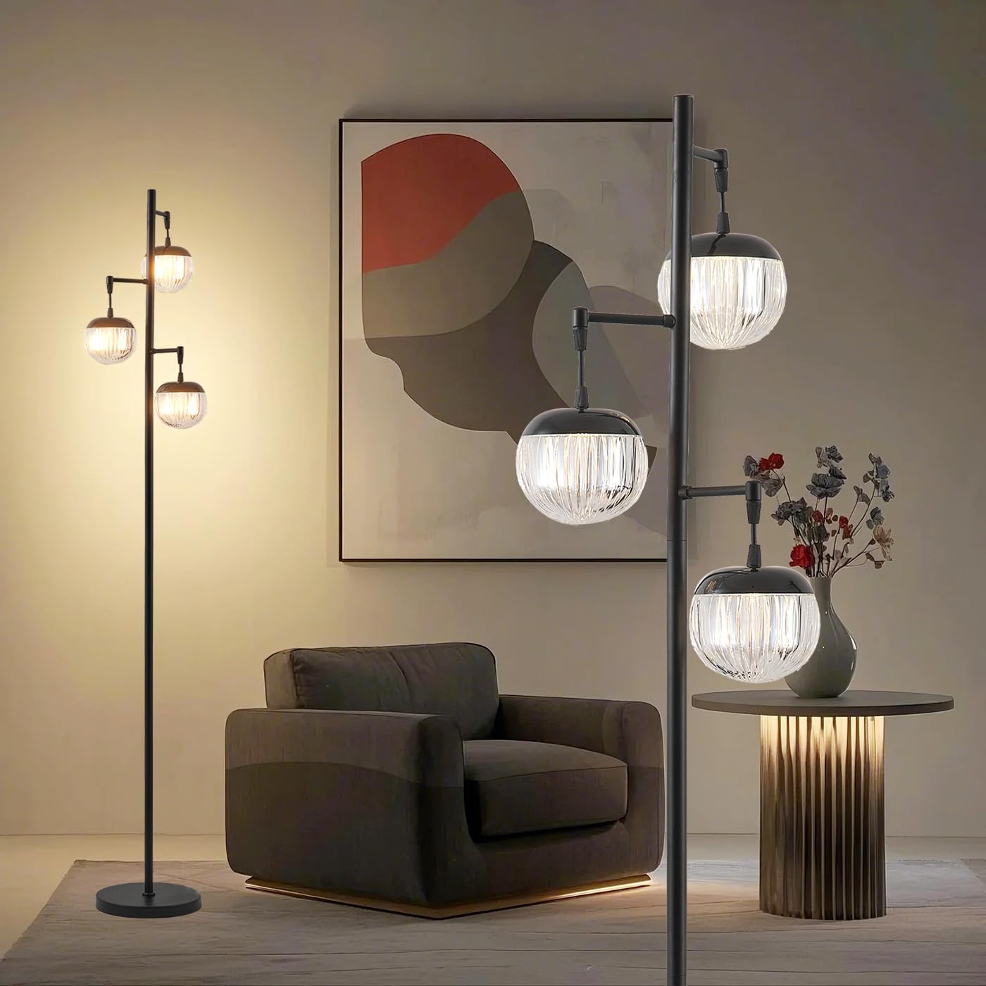 Fiqevs Mid Century Modern Floor Lamp with LED Bulbs, Black Standing Lamp Floor Light with 3 Ribbed Globe Shades, Tall Lamp for L